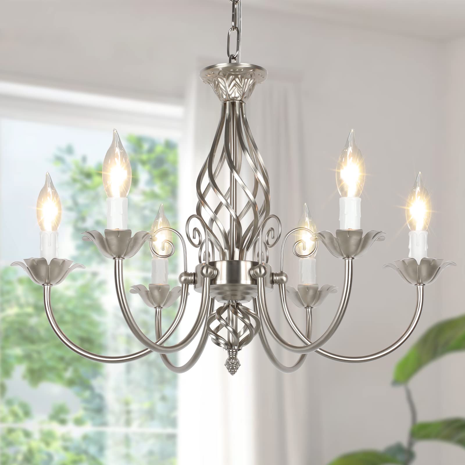 6-Light Farmhouse Candle Chandelier For Living Room, Rustic Industrial Pendant Ceiling Light Fixture, Brushed Nickle Modern Ceil