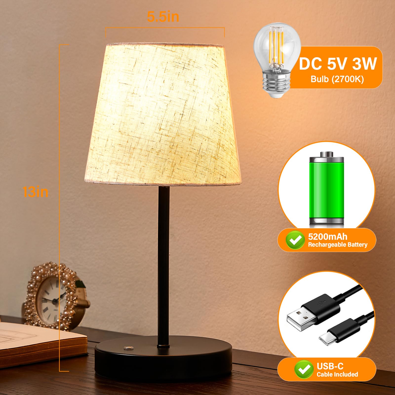 BOHON Cordless Table Lamp Rechargeable, Built-in 5200mAh Battery Operated Lamp, LED Bedside Night Lamp, Touch Stepless Dimming O