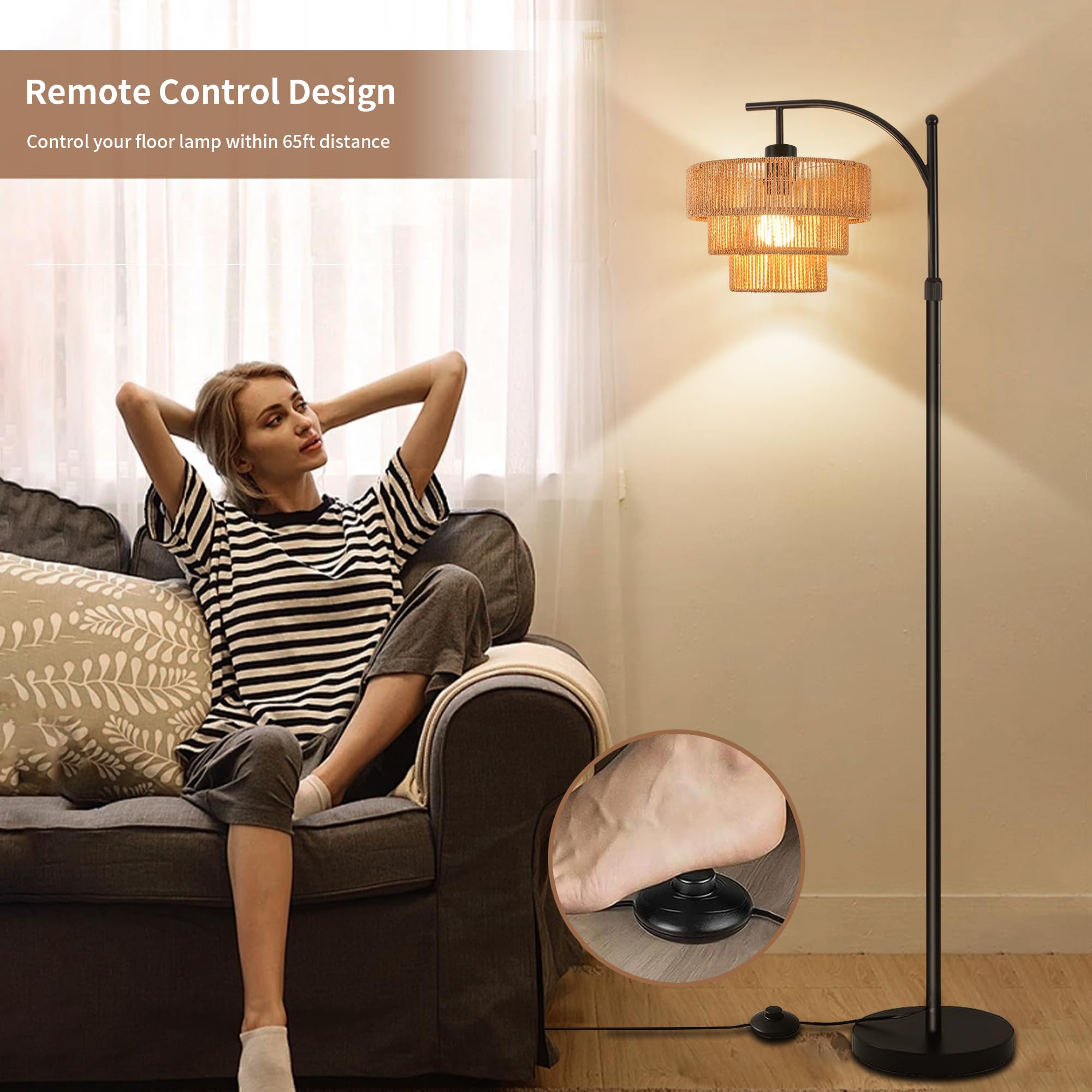 Boho Floor Lamp For Living Room Bedroom With Remote,Arc Farmhouse Floor Lamps With 3 Color Temperature,Rustic Standing Lamp With