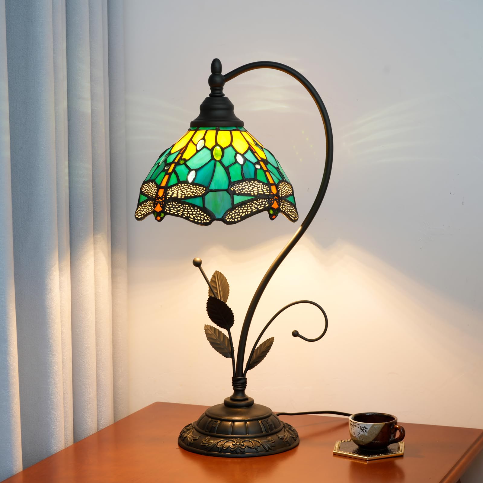 Blivuself Tiffany Table Lamp Dragonfly Green Stained Glass Lamp Tiffany Style S Leaves Vintage Desk Light for Bedside Living Room Office Dormitory Dining Room