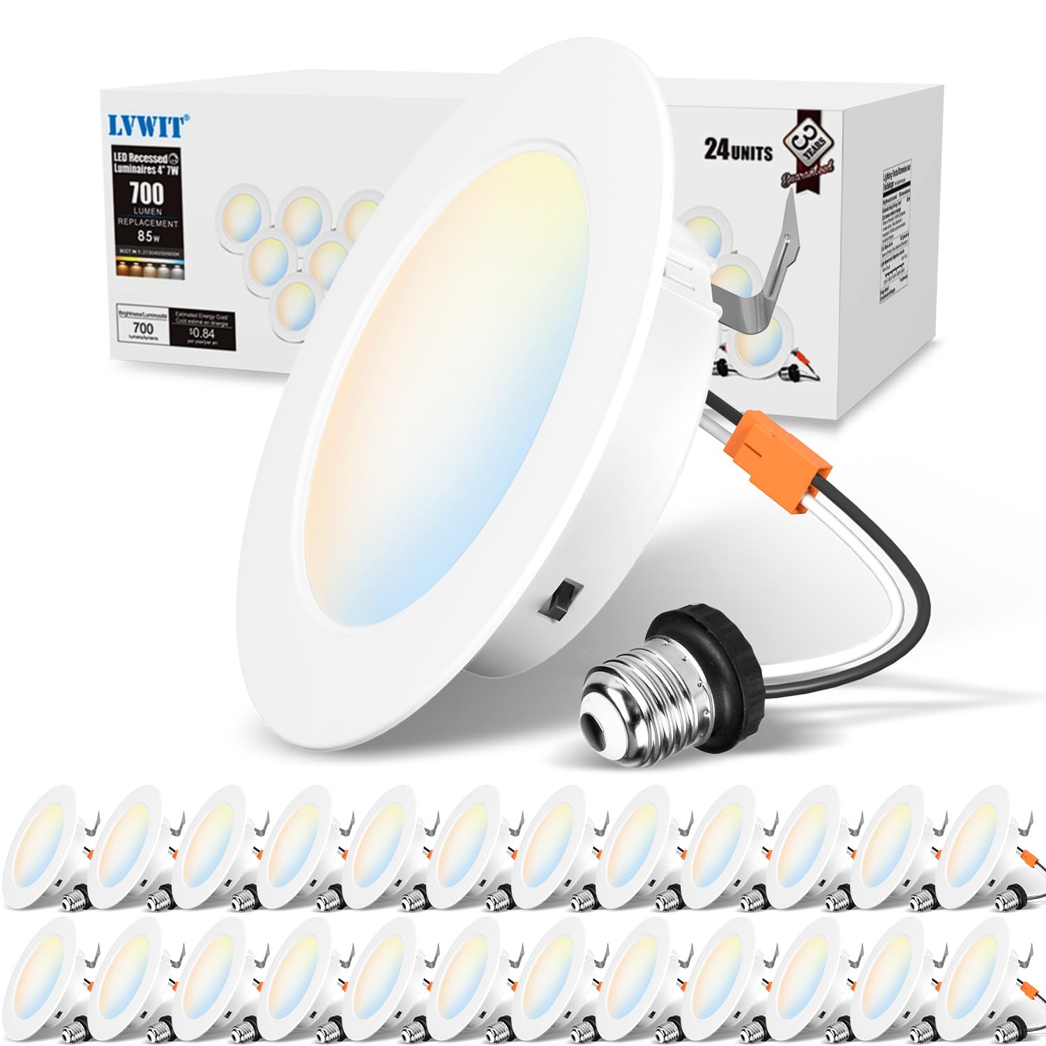Lvwit 24 Pack 4 Inch Led Recessed Lighting  5Cct Dimmable 4 Inch Retrofit Led Recessed Lights  2700K/3000K/4000K/5000K/6000K Selectable  7W=85W  700Lm  Ic Rated Can Lights For Ceiling Fixtures