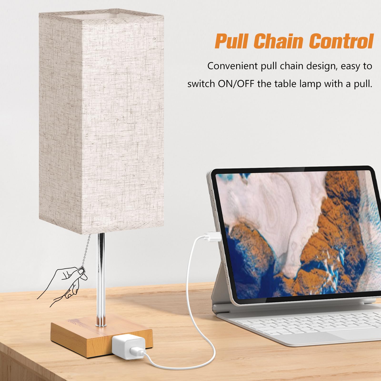 PLMMY Table Lamp Set of 2, 18 Inch Flaxen Shade-Wood Base, 3 Color Temperatures, Model RD-PTL6W-022