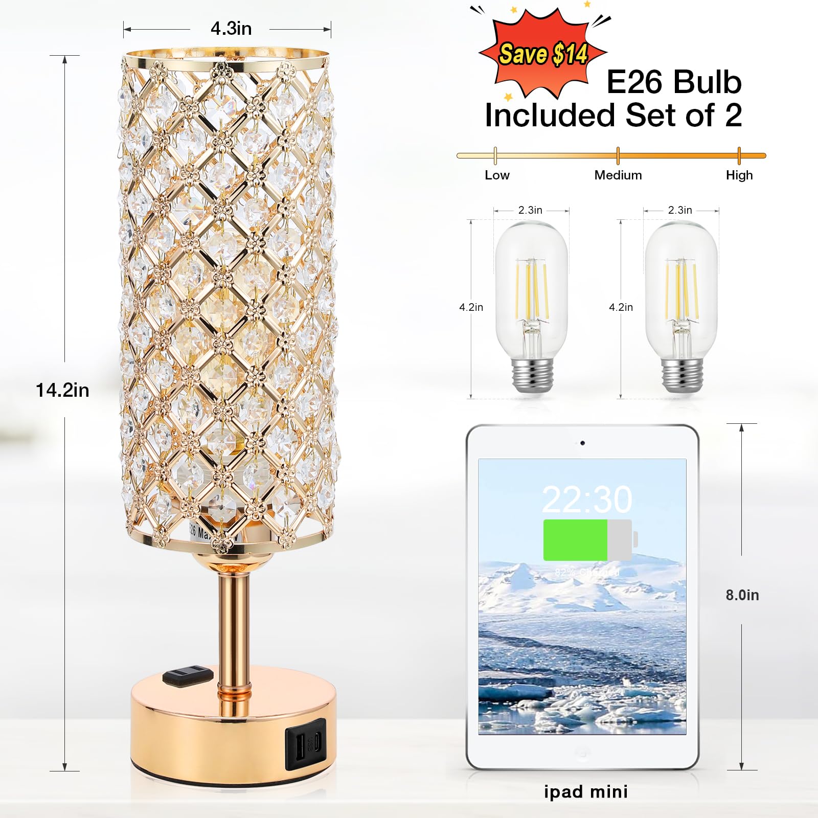 Hong-In Dimmable Gold Lamps Set Of 2 With Usb-C Charging Ports, 3-Way Crystal Bedside Lights For Bedroom And Living Room