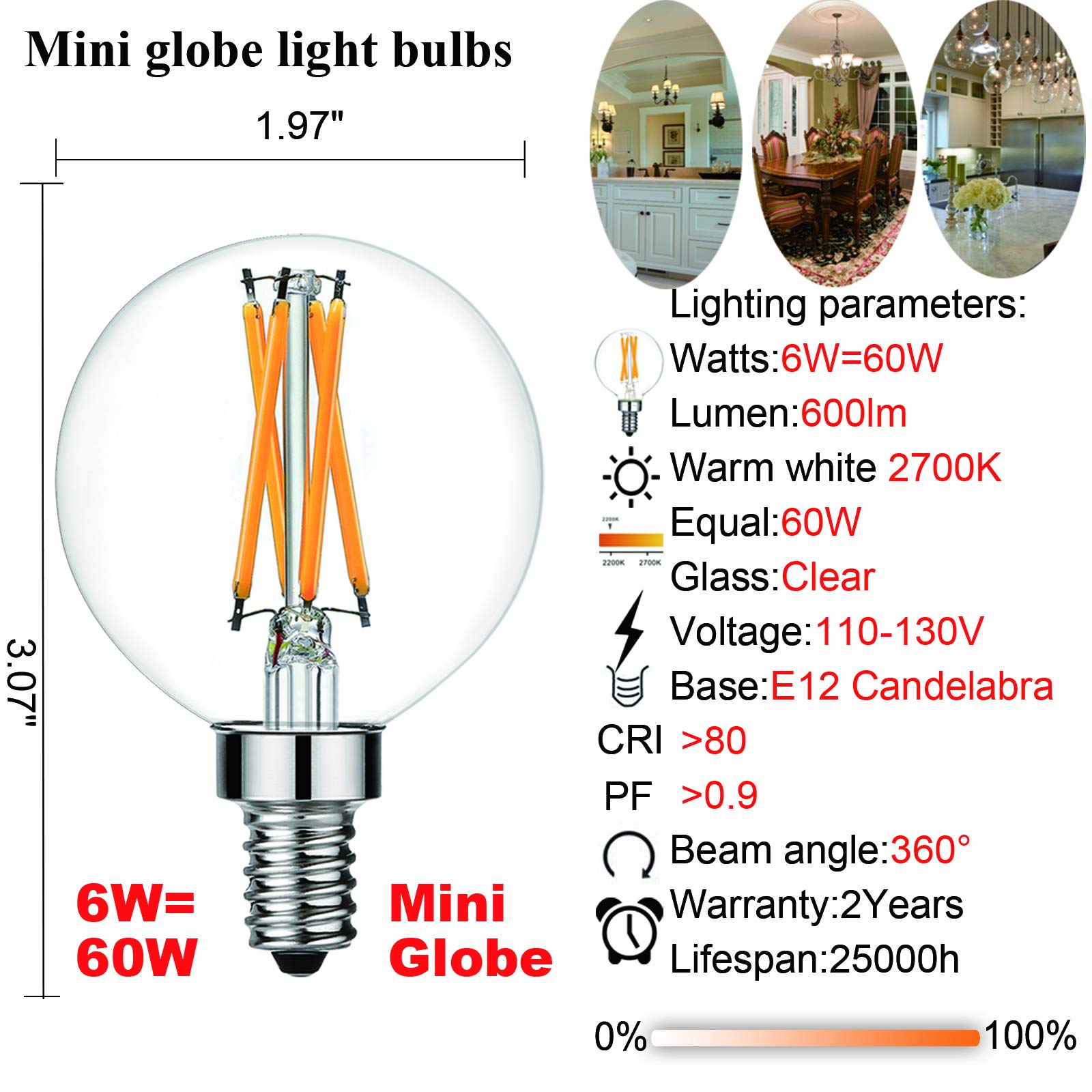 Litehistory E12 Led Dimmable G16.5 Light Bulb 6W Equal 60 Watt 600Lm Ac120V E12 Candelabra Bulb 60 Watt For Chandeliers,Ceiling Fan,Vanity Warm White 2700K Globe E12 Light Bulb 6Pack