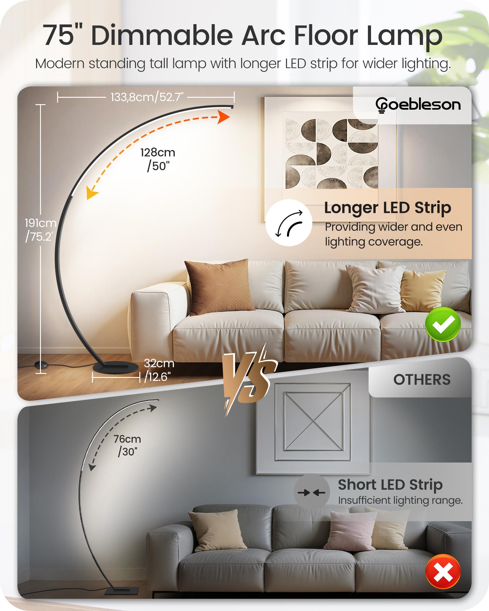 GOEBLESON 75in Dimmable LED Arc Floor Lamp, Metal, Remote Control, 3 Color Temperatures, Model B62LD05