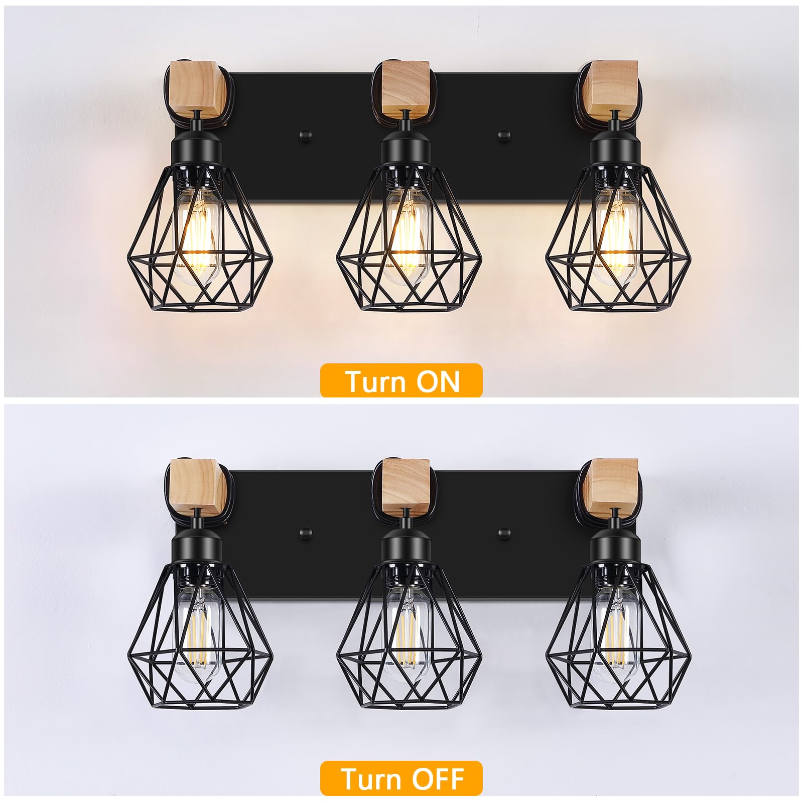 FadimiKoo 3-Light Farmhouse Bathroom Vanity Light, Black Metal & Wood, Vintage Style for Mirror, Bedroom, Living Room, Hallway