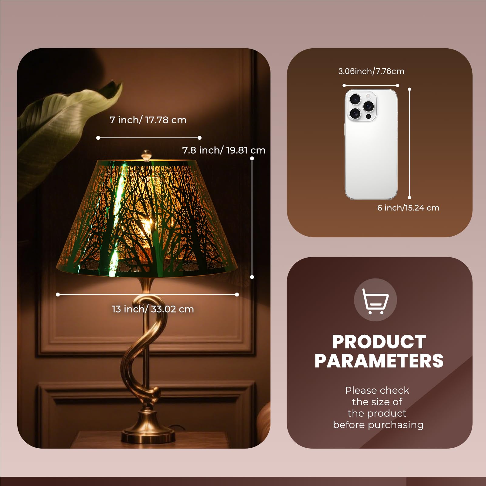 ALUCSET Stainless Steel Lamp Shade, 7in Top x 13in Bottom x 7.8in High, Green Mirror Finish, Model LLA-S23113