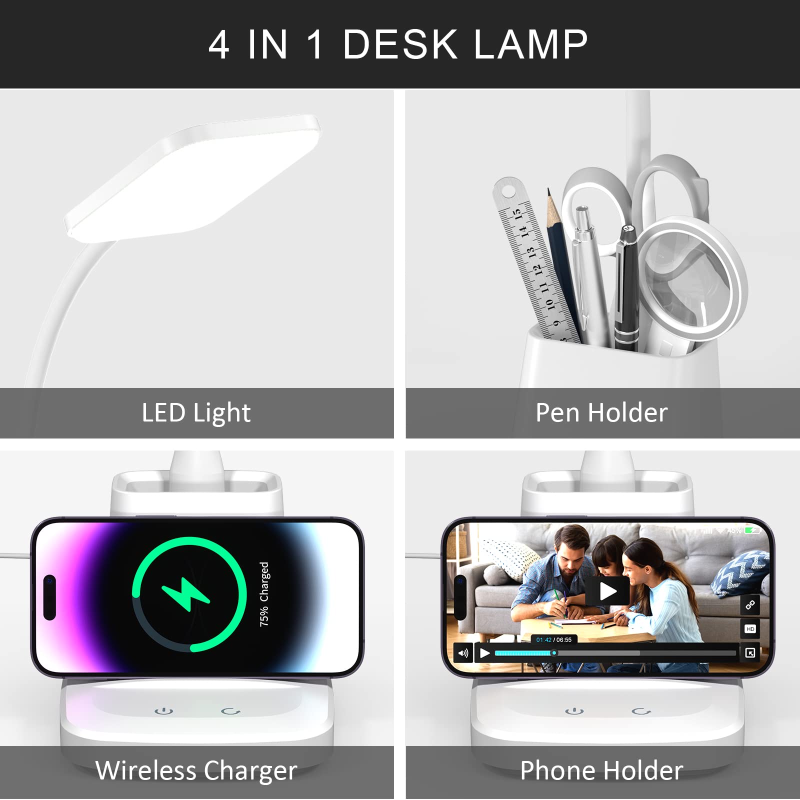 Vicsoon Led Desk Lamp With Wireless Charger For Home Office, Small With Pen Holder, 800Lm,3 Color Modes,Gooseneck, Eye-Caring Wh