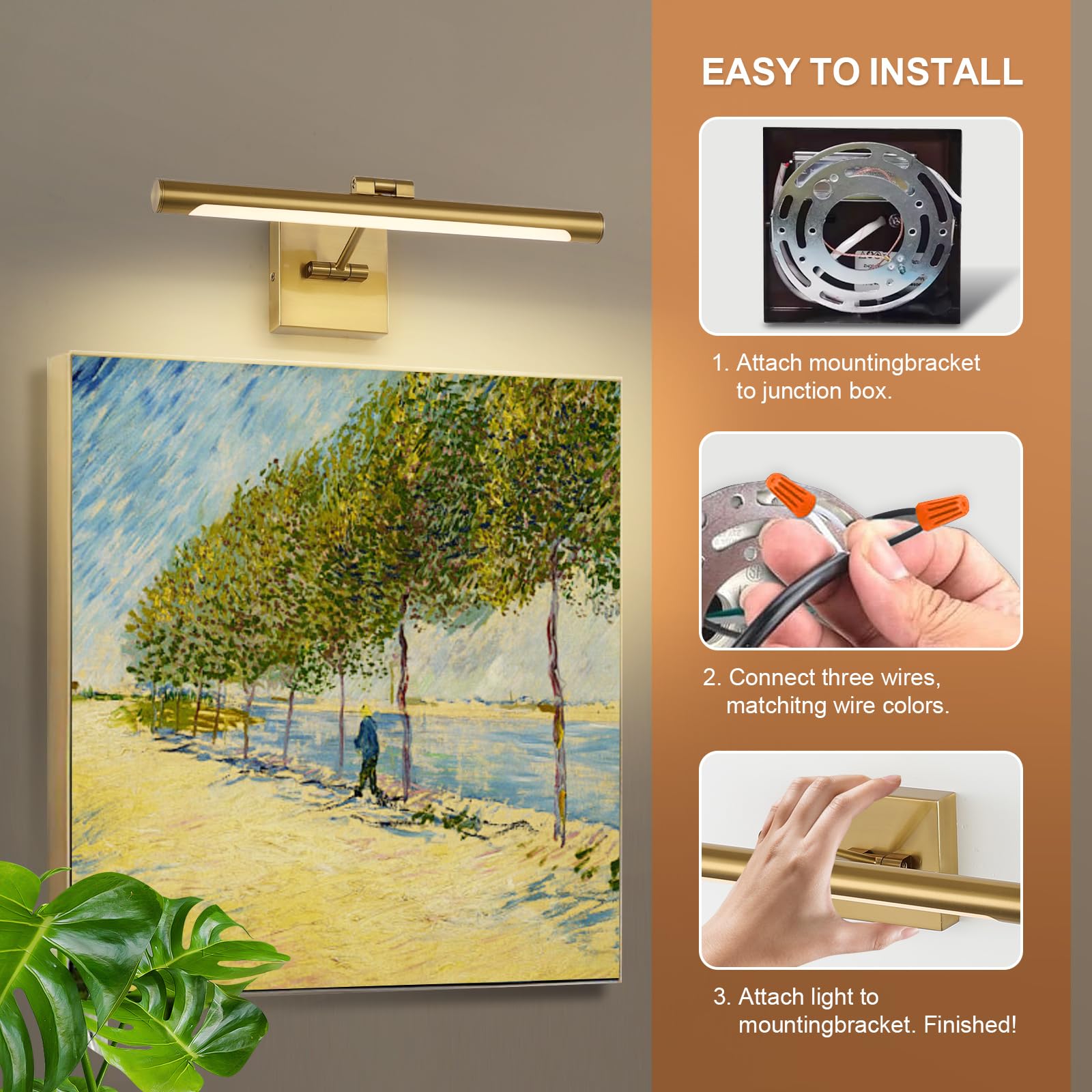 Joosenhouse LED Picture Light - 16.54" Dimmable Metal Lamp, Brass Finish, Hardwired, 9W (50W Eqv.), Modern Artwork Fixture