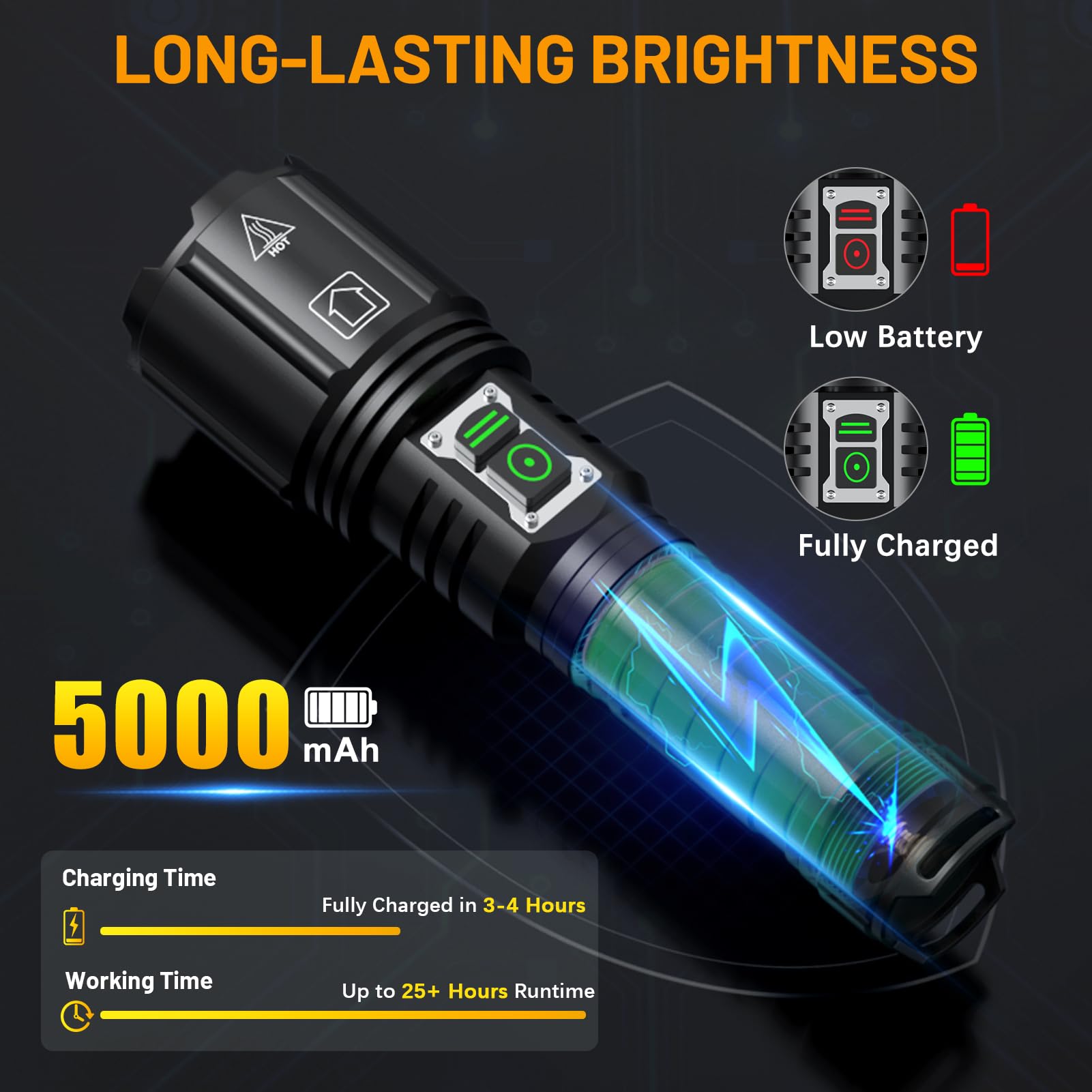 Baibian LED Super Bright Flashlight 4000 Lumens, Rechargeable, Waterproof, 6 Modes, Aluminum, Black, Model XHP160-01