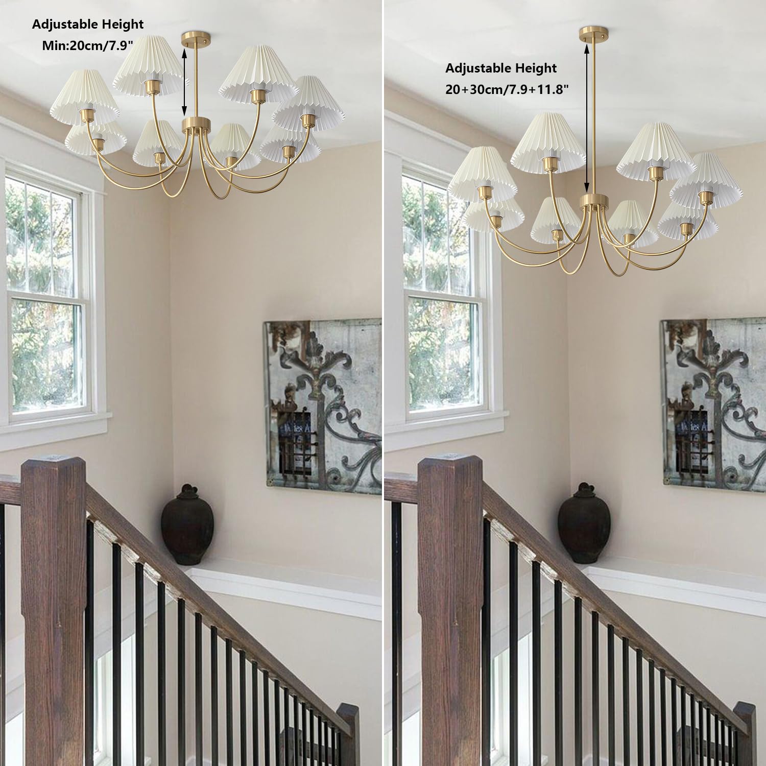 Kco Lighting Brushed Brass Sputnik Chandelier Gold Metal Chandelier With White Pleated Fabric Shades 8-Lights Ceiling Chandelier