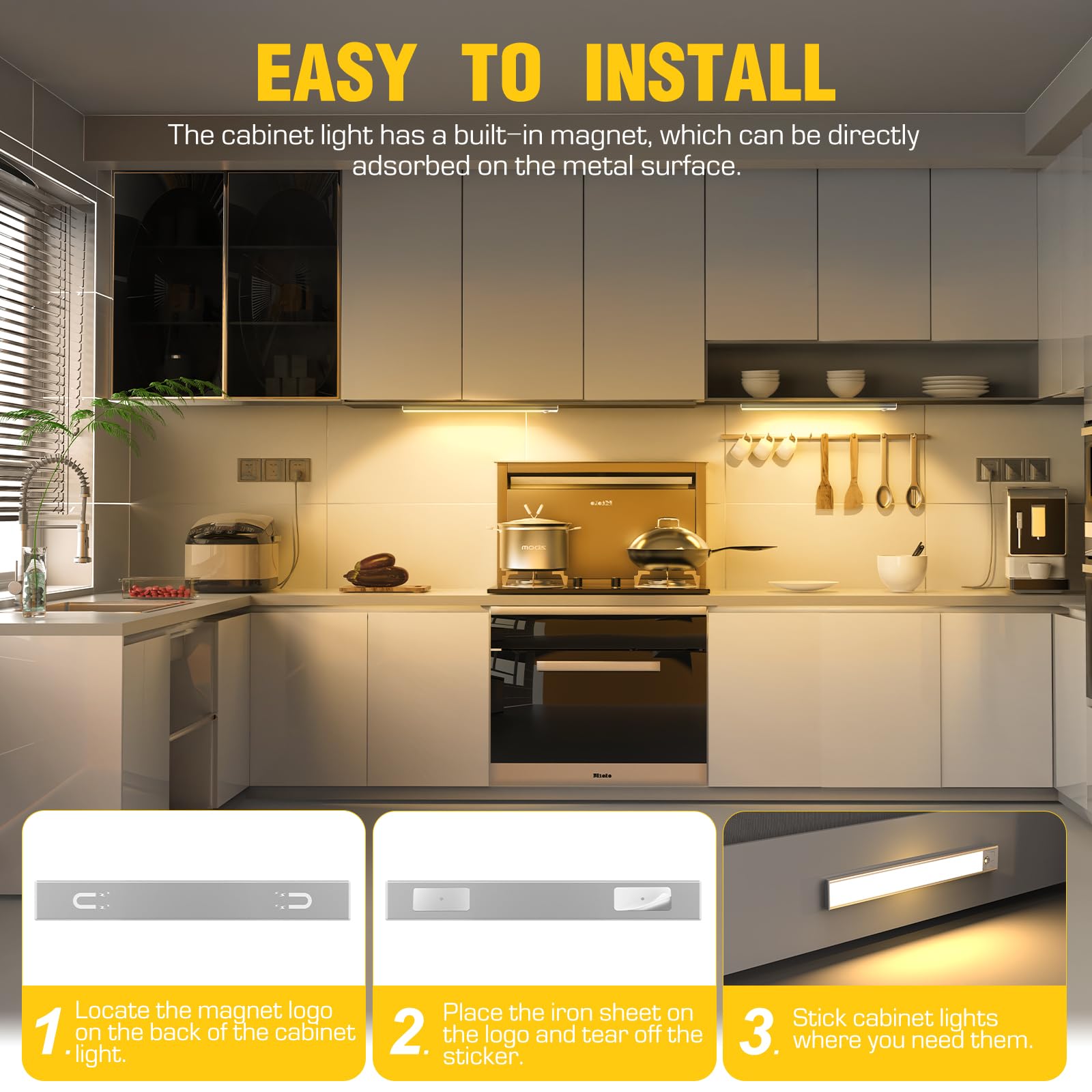 2 Pack Under Cabinet Lights, 52 Led Warm White Rechargeable Under Cabinet Lighting Motion Sensor Led Lights For Kitchen, Counter