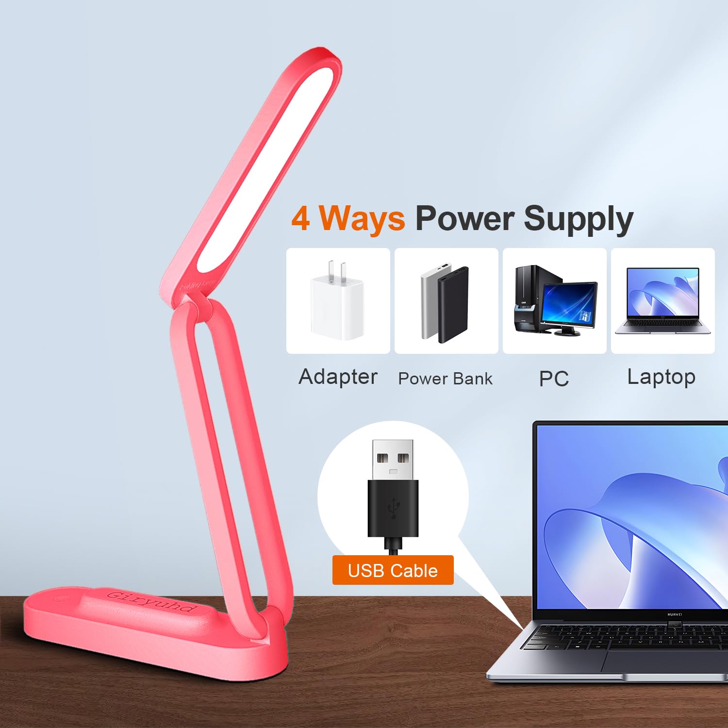 Giryuhd LED Desk Lamp, Rechargeable & Portable, 3 Brightness Levels, Model A211, Red, Foldable Light for Home & Office