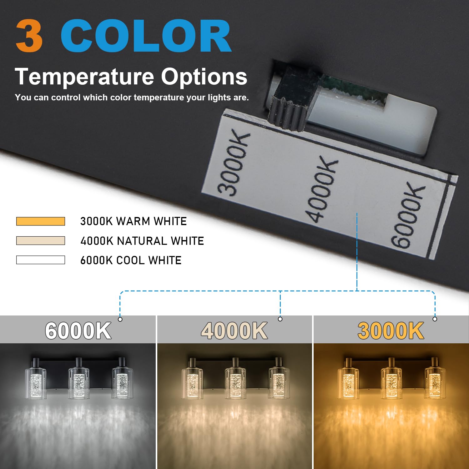 SineRise 4-Light Vanity Light - Dimmable LED Bathroom Fixture, 3 Color Modes, Black, Modern Design with Clear Glass Shade