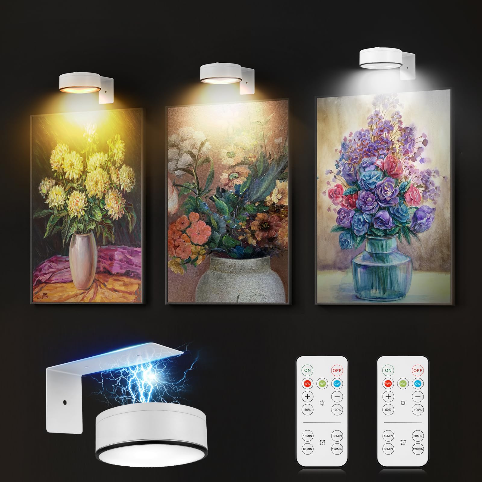 Arixinks 3Pcs Battery Picture Lights, Remote Painting Light for Art Disaplay,Magnetic Wall Picture Light Up/Down Light,Dimmable 