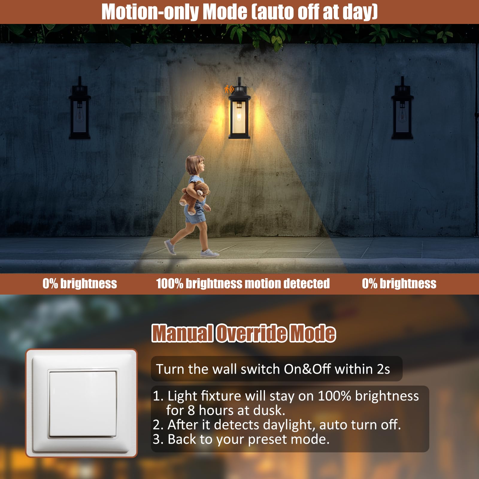 Roravilila Motion Sensor Porch Light - 18 Inch, Black, IP65 Waterproof, Dusk to Dawn Outdoor Wall Fixture, E26 Bulb Base, 1-Pack