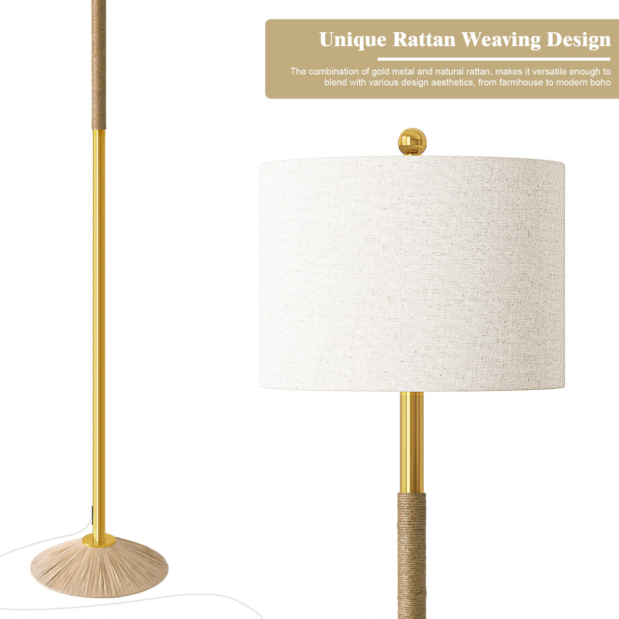 Oneach 63    Modern Floor Lamp For Living Room, Gold Boho Standing Lamp With Unique Rope Design, Rotary Switch, Farmhouse Tall L