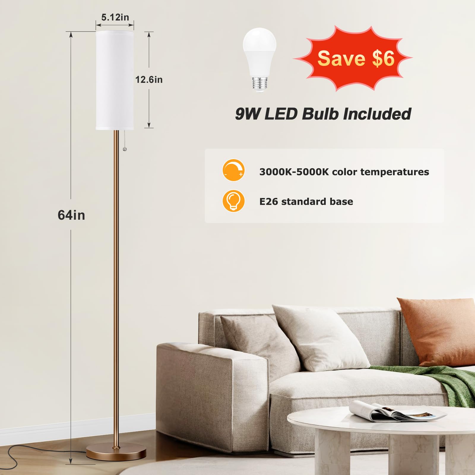 Ambimall 64" Floor Lamp with Linen Shade, 3 Color Temperatures, Metal, White & Brown - Minimalist Standing Lamp for Bedroom, Model RPT-ZGB20212