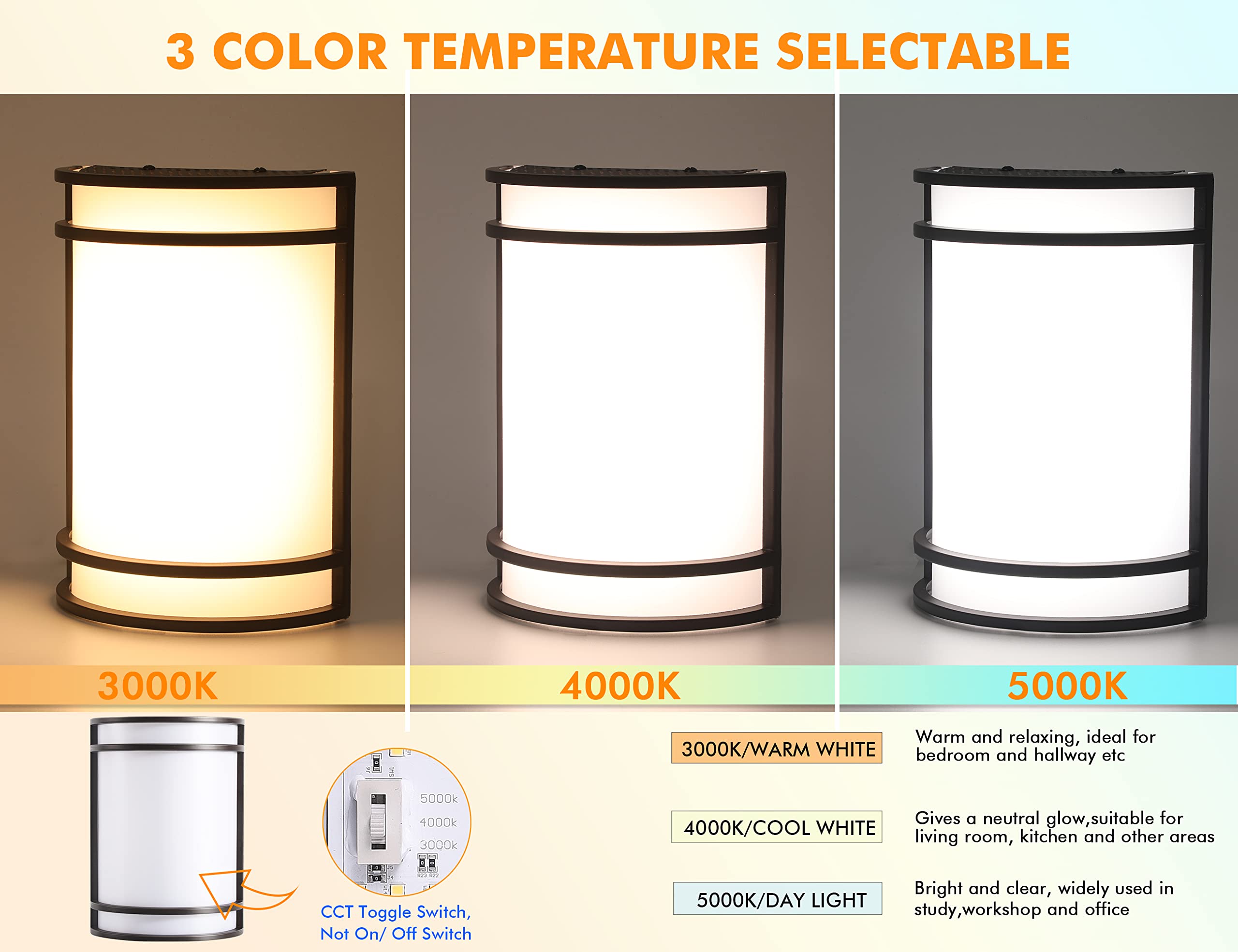 CLOUDY BAY LED 3 Color Indoor Wall Sconce, Wall Lighting,3000K/4000K/5000K Color Temperature Adjustable Wall Mount Light Fixture