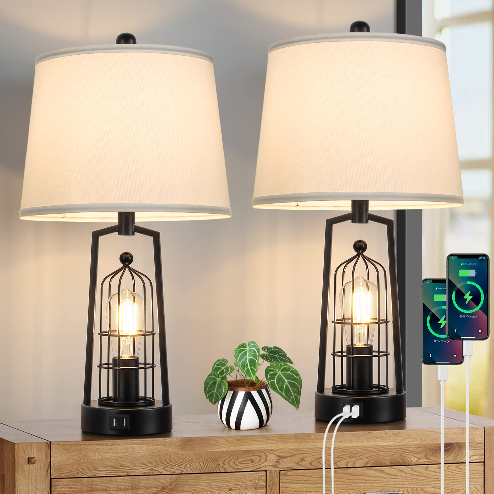 Brightever Farmhouse Table Lamps Set of 2, Metal with White Lampshade, 2 USB Ports, Black, Model JT2026.WH