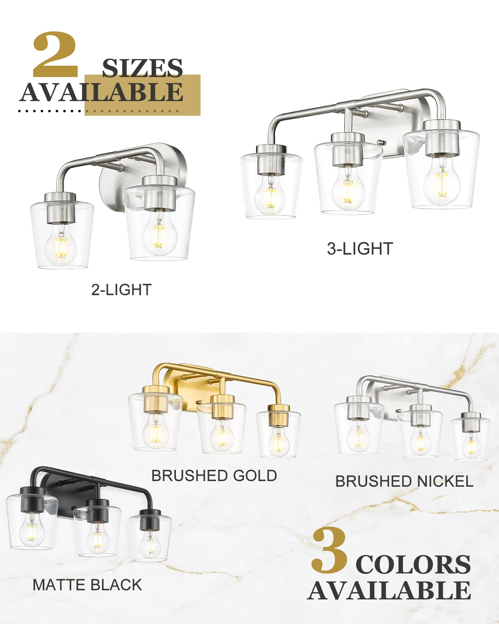 Audickic Bathroom Light Fixtures, 3-Light Brushed Nickel Vanity Lights Over Mirror With Clear Glass, Modern Vanity Lighting Fixtures, Ad-22004-3W-Sn-C