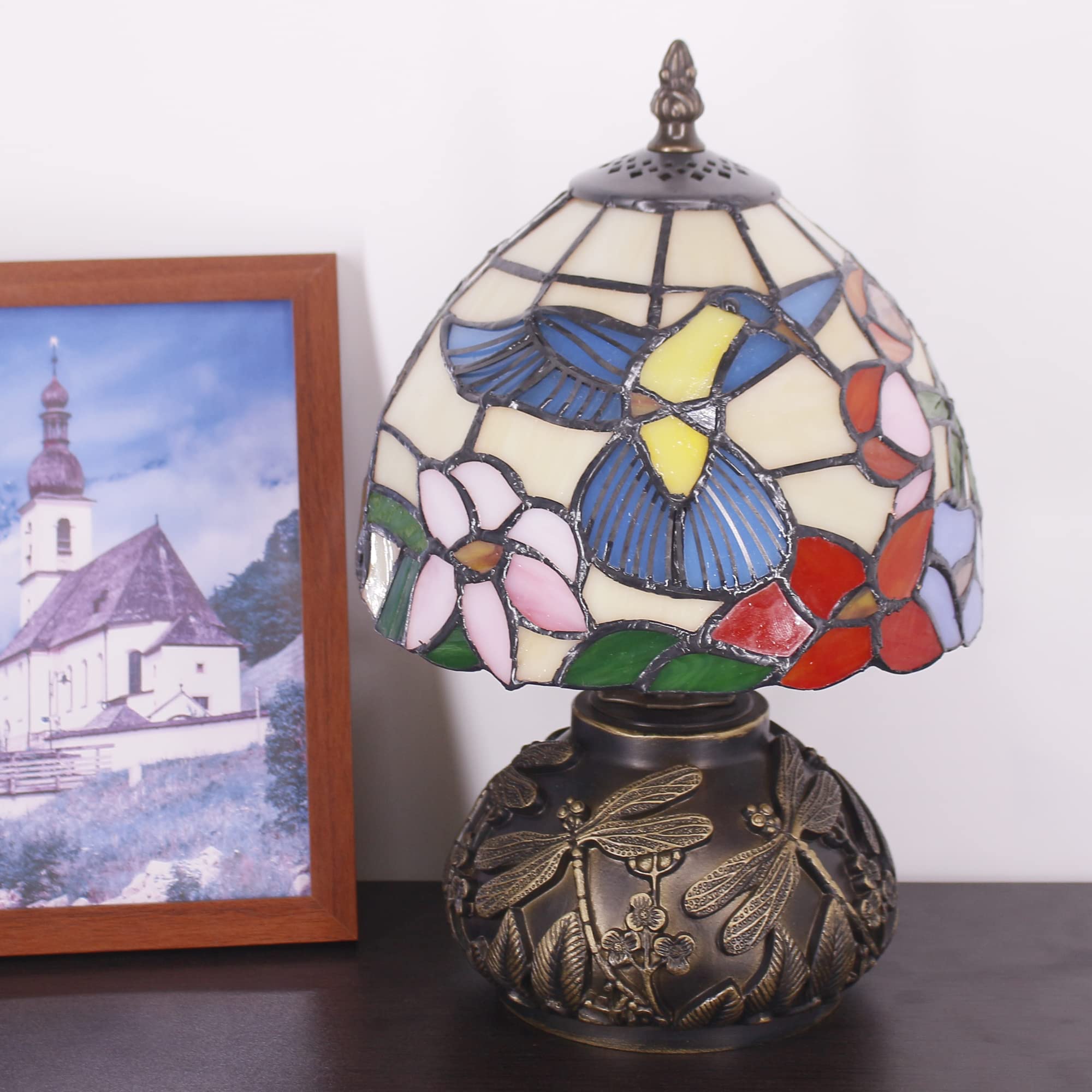 Small Tiffany Lamp Mini Stained Glass Table Lamp Hummingbird Style Mushroom Desk Light Memory Sympathy Lamp 8X11 Inch