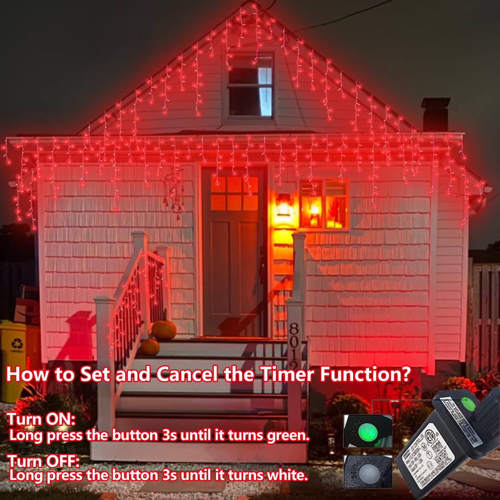 YEGUO 33ft 400 LED Red Icicle Lights, 80 Drops, 8 Modes, Connectable, Model JT-EL/FC300V0200-C