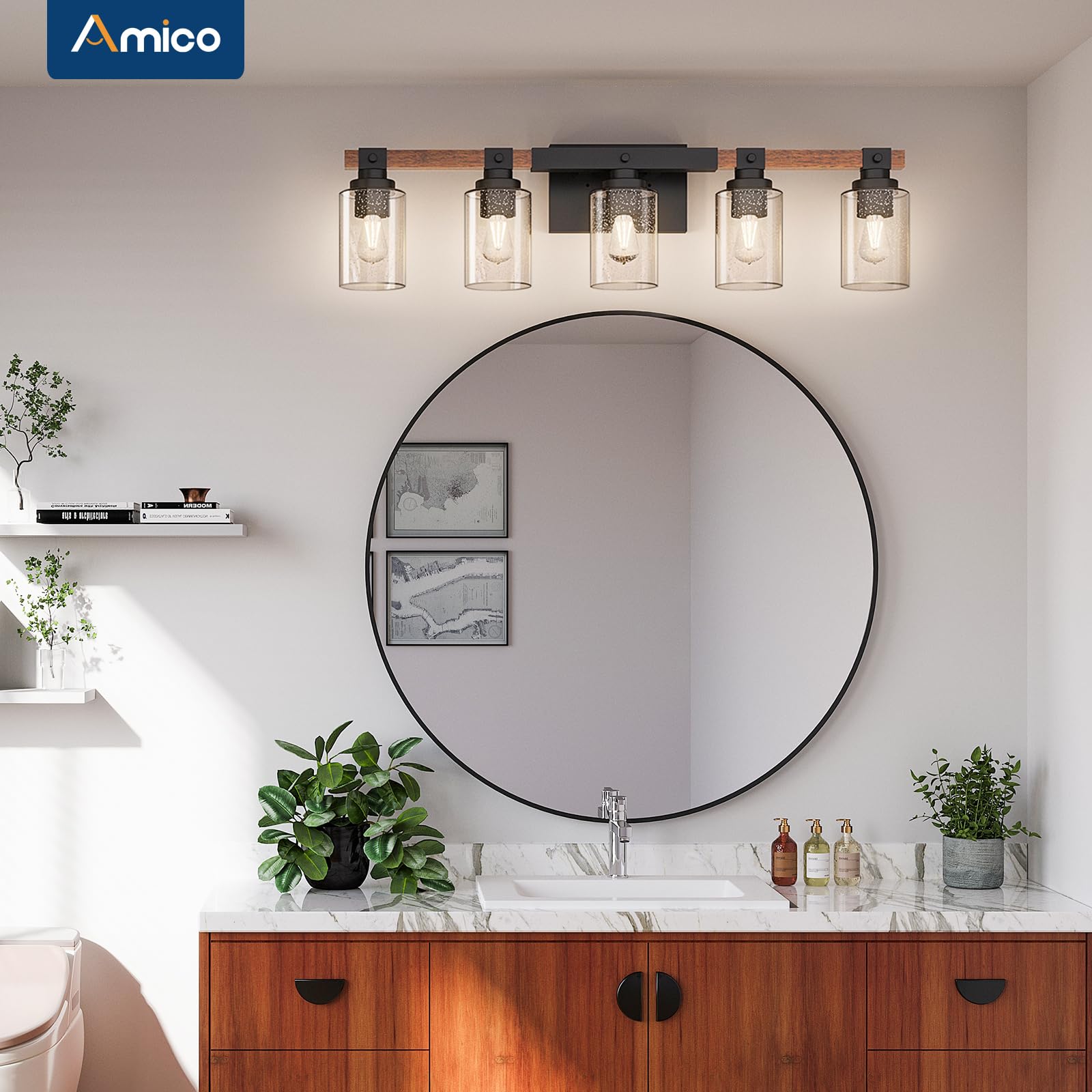 Amico Farmhouse Vanity Light Fixtures, Rustic 5-Light, Black Metal with Bubble Glass Shade, Model GYF-5