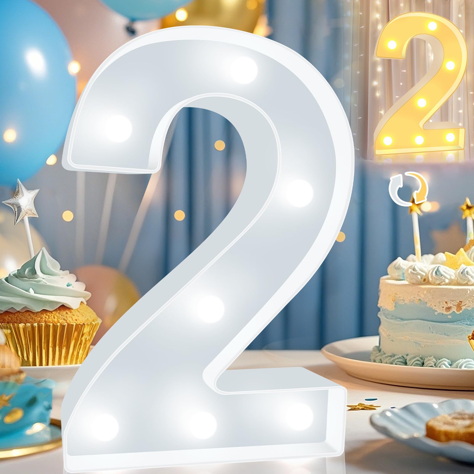 Pooqla LED Light Up Number 2, Warm White & Cool White Decorative Marquee, Plastic Night Light for Parties & Decor