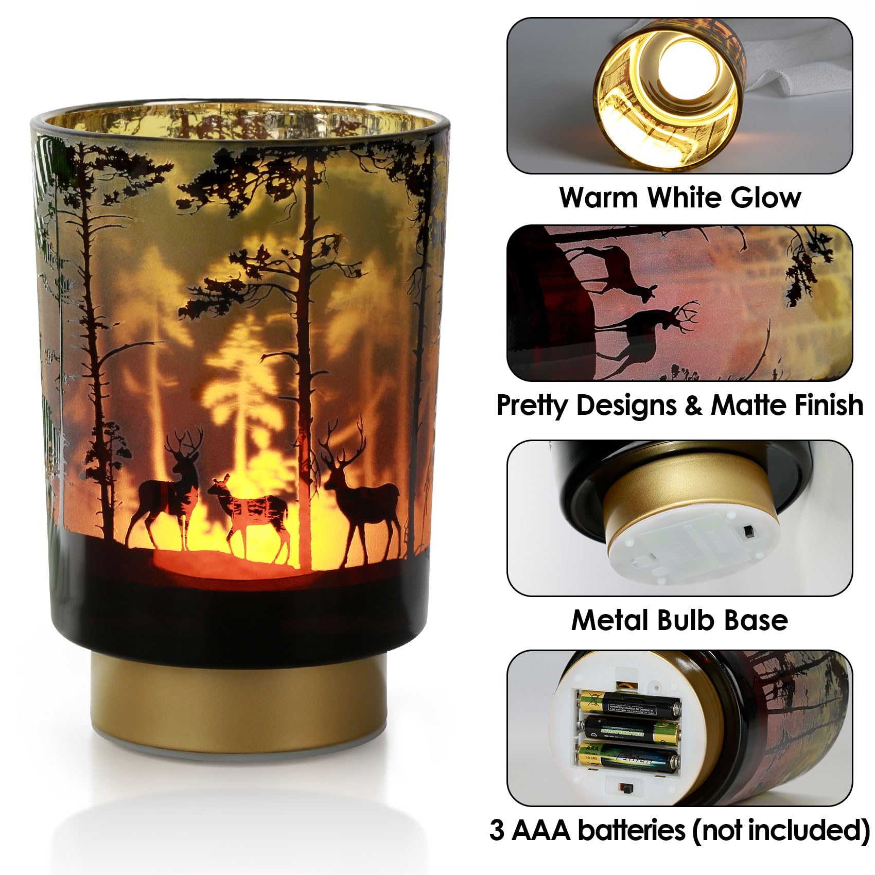 Eywamage Battery Operated Table Lamp With Remote, Forest Deer Cordless Glass Lamp For Bedroom Living Room Kitchen