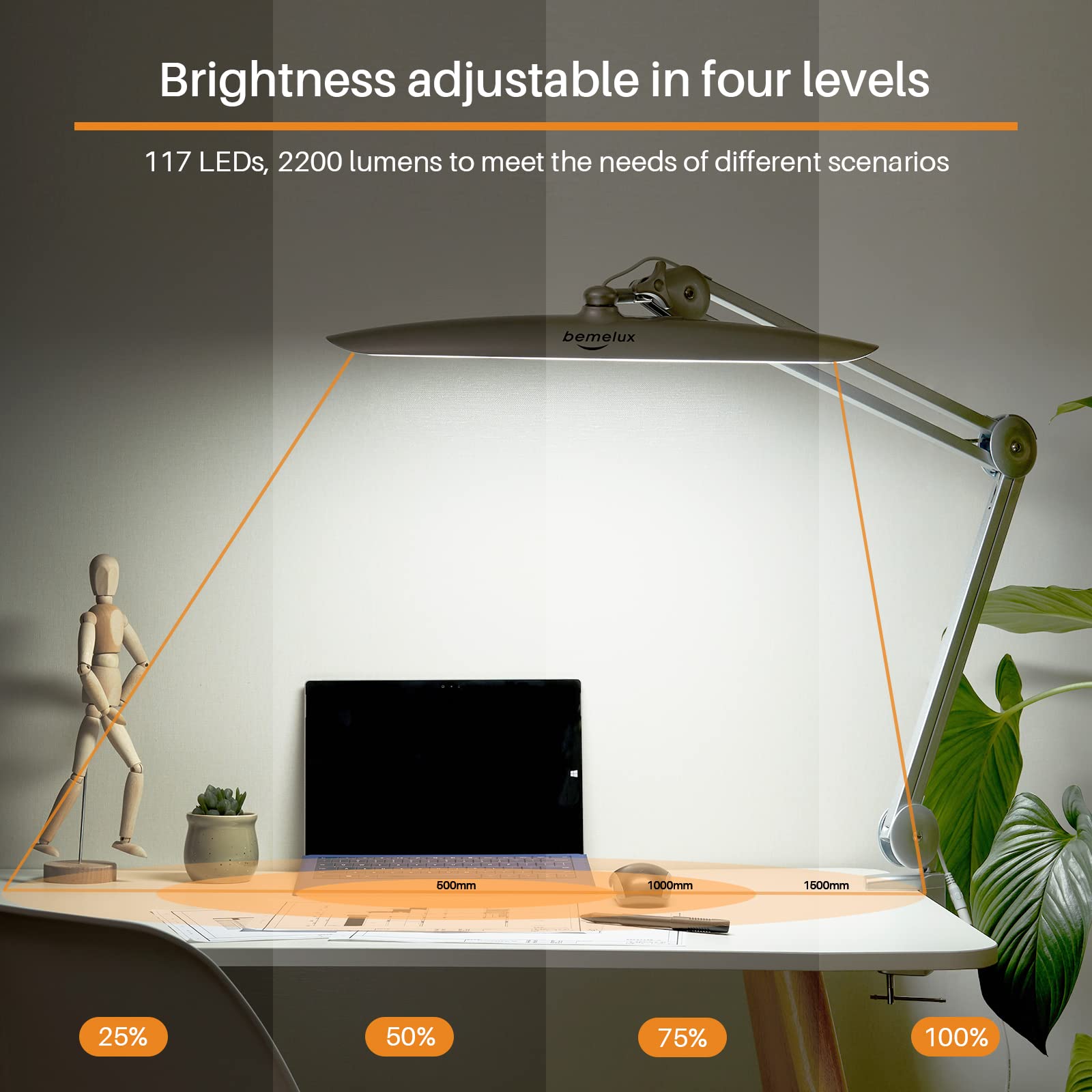 bemelux LED Desk Lamp with Clamp, 20 Inch Silver Metal Swivel Arm, 2200 Lumens, Ideal for Reading and Crafting, Model BLUX9501LED-SILVER