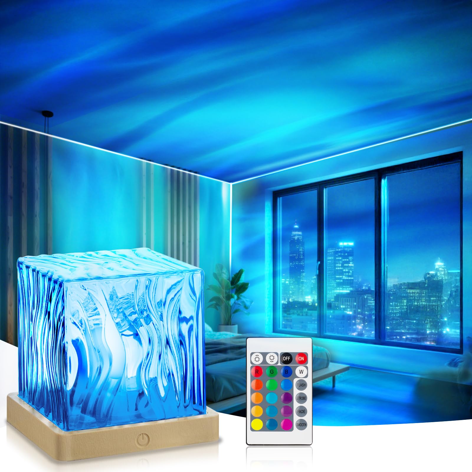 VoMii Northern Lights Projector,16 Colors Luminorthe Cube Lamp with Dynamic Wave Effect,Aurora Glow Lamp Ambient Lighting with R