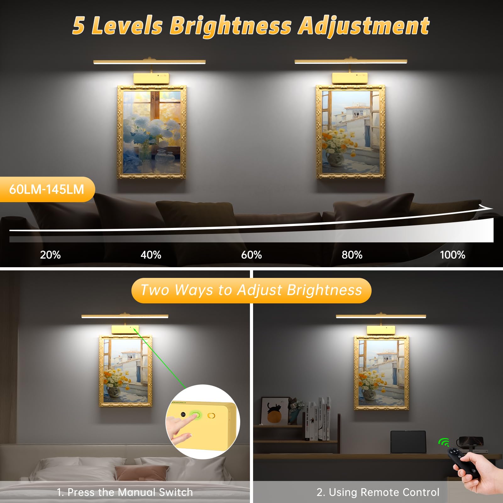 Lightbiz Picture Light with Remote, 20inch Gold Aluminum Art Light, Dimmable, Timer for Paintings and Gallery Display