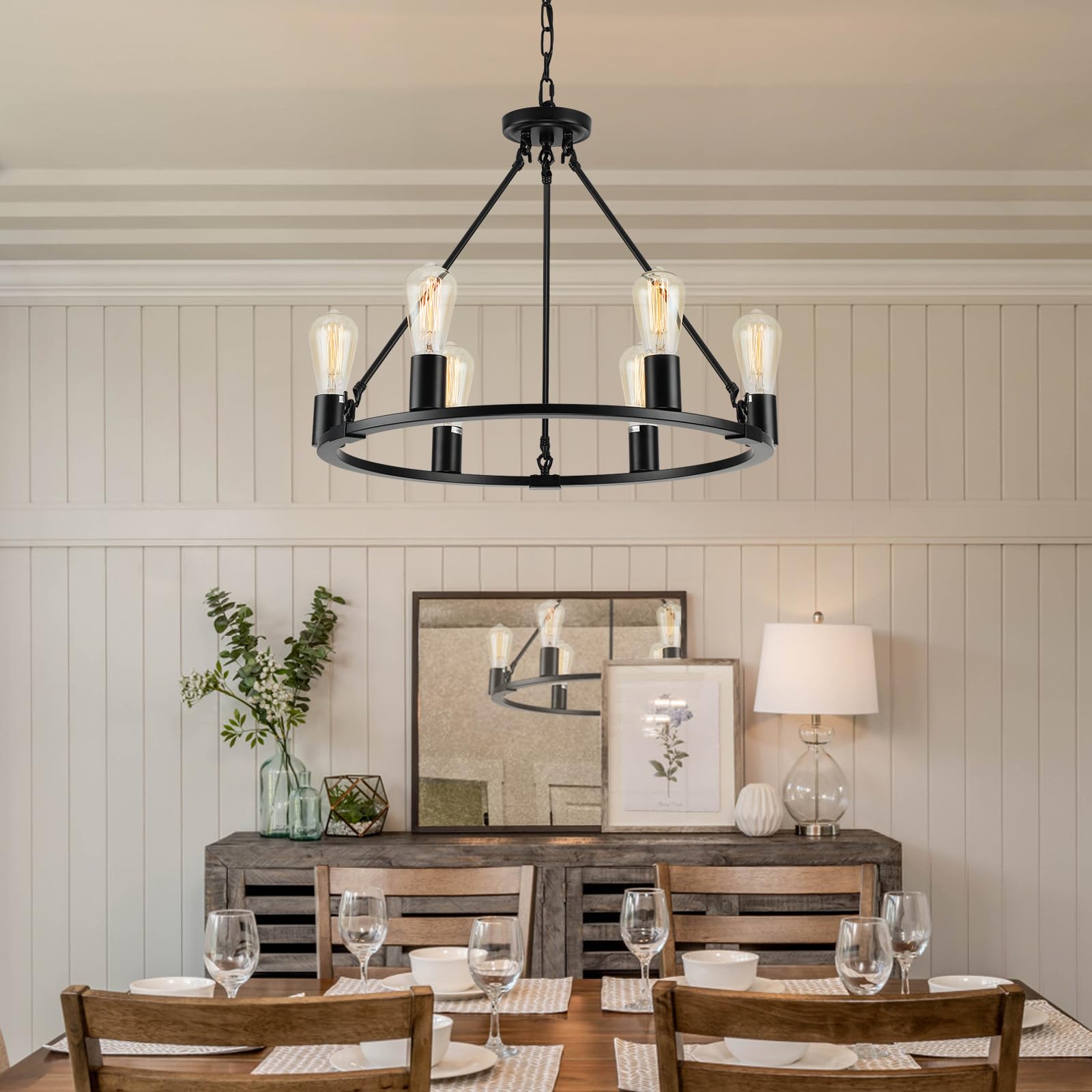 Senyshilon Black Chandelier, 6-Light Dining Room Light Fixture, Round Farmhouse Wagon Wheel Chandeliers for Dining Room Living R