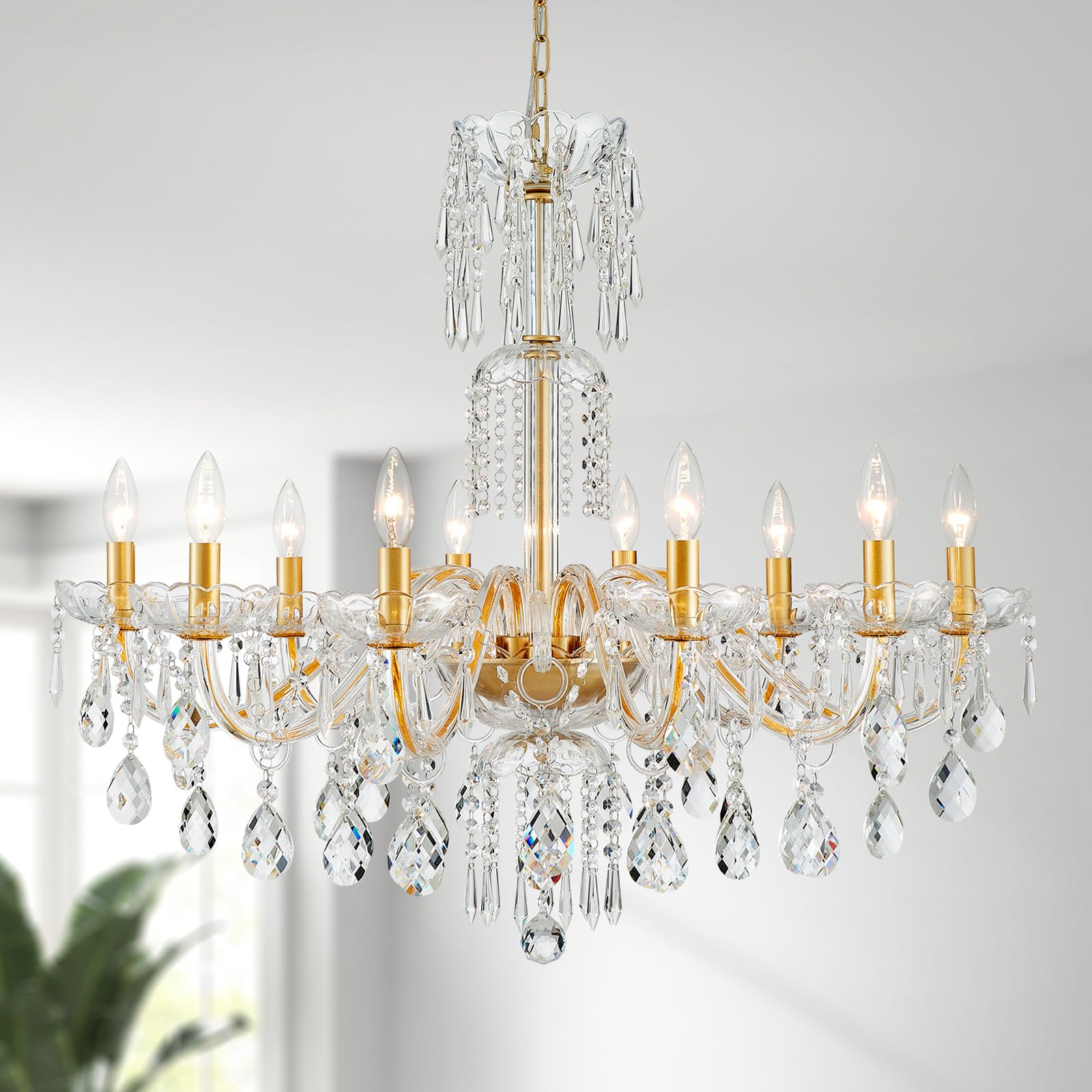 Wuzups 10-Light Crystal Candle Chandelier Pendant Ceiling Light Modern Lighting Fixture For Bedroom Hallway Bar Kitchen Bathroom  H 26.7 W 33.9  E12 Base  Gold