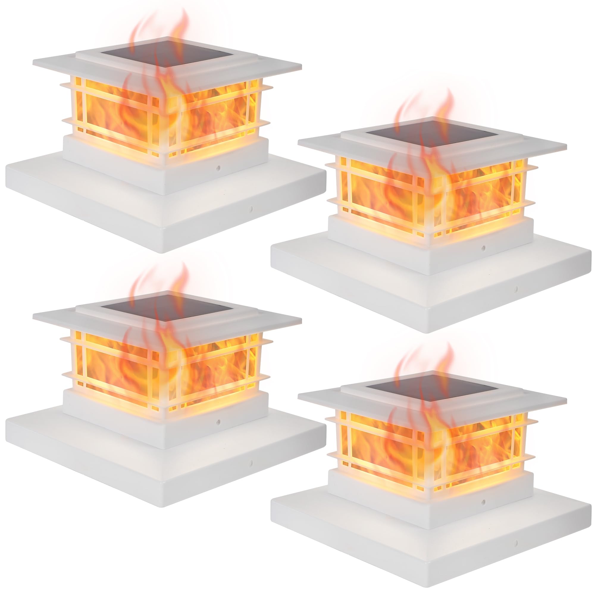 Dynaming 4 Pack Solar Flame Post Lights Outdoor, Solar Powered Fence Post White Shell Cap Light, High Brightness Flickering Flame LED Lighting for Garden Deck Patio, Fit 4x4 5x5 6x6 Vinyl/Wooden Posts