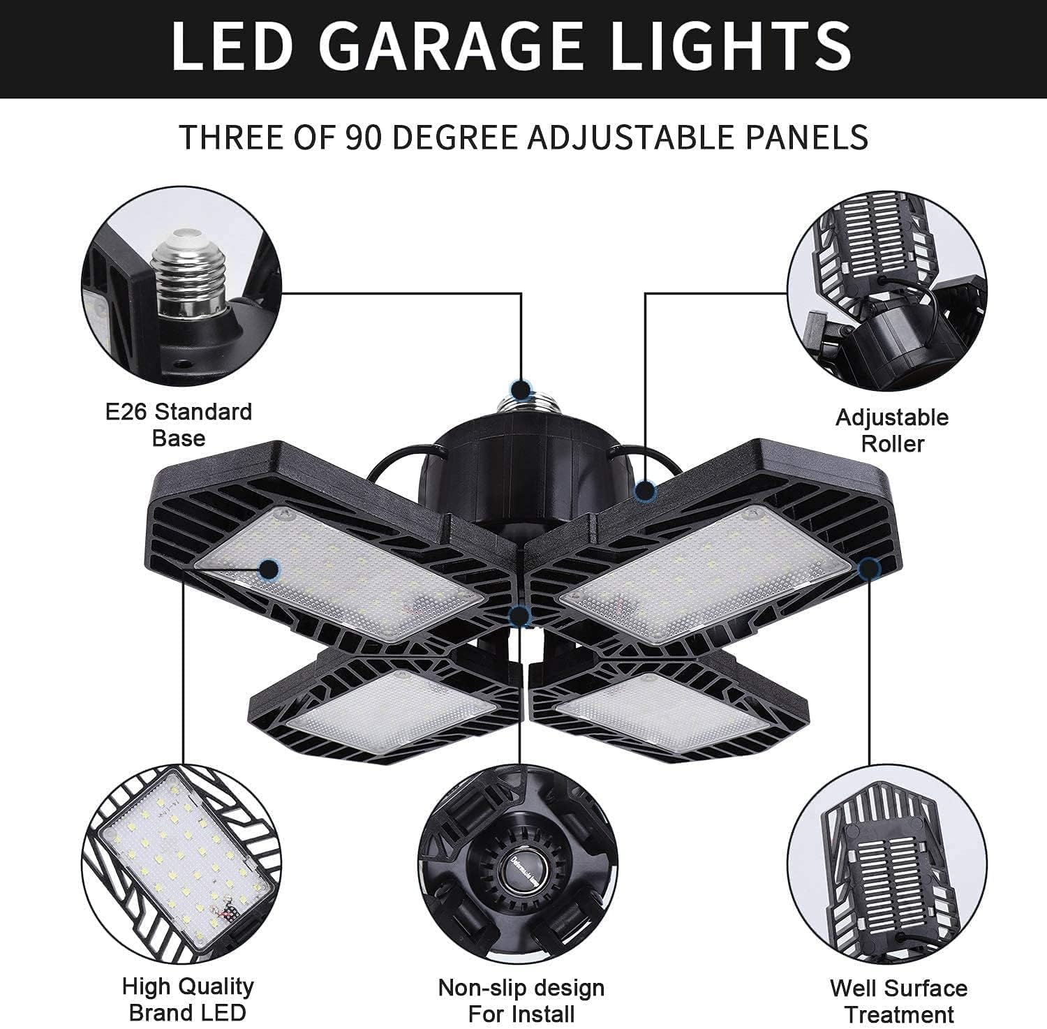 GMximo 4Pack LED Garage Lights 100W Deformable 10000lm E26 6000K with 4 Adjustable Panels