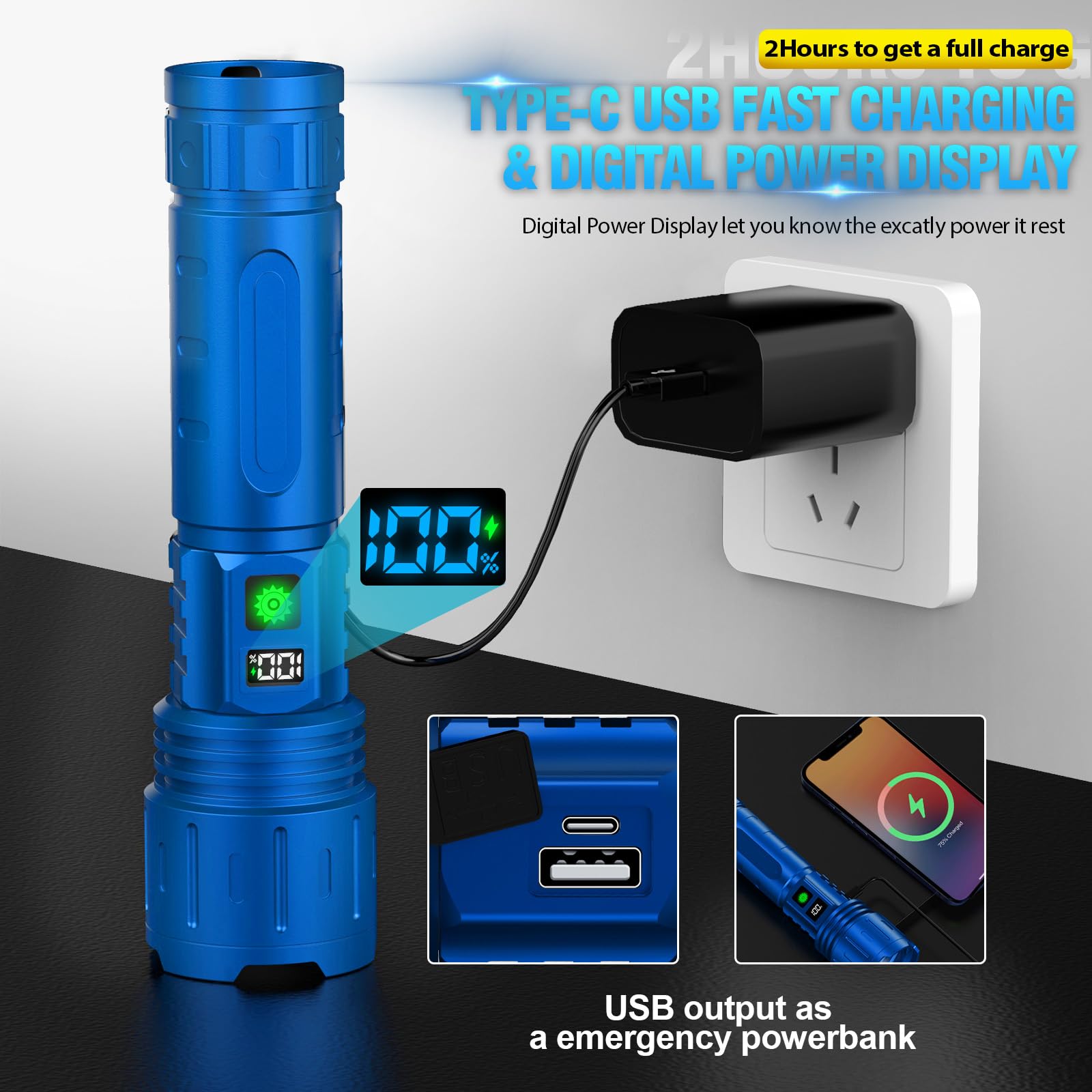 Hoxida Rechargeable Tactical Flashlight - 1500m Beam, LED, IPX5 Waterproof, 5 Modes, Blue, Model 016-1, 20H Runtime