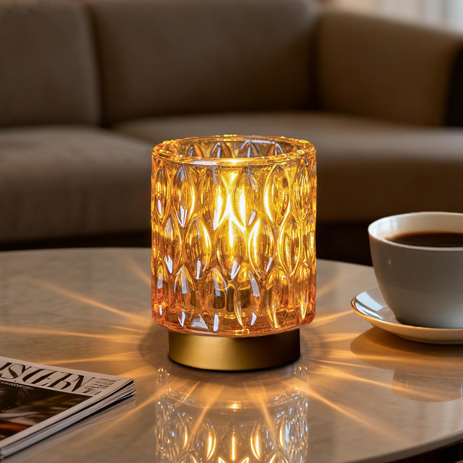 Battery Operated Table Lamps Timer  Mini Crystal Lamp for Area No Plug  Cordless Lamp with LED Bulb for Power Outage  Decorative Lamps for Tabletop/Corner/Entryway/Stairway/Bathroom/Fireplace (Amber)