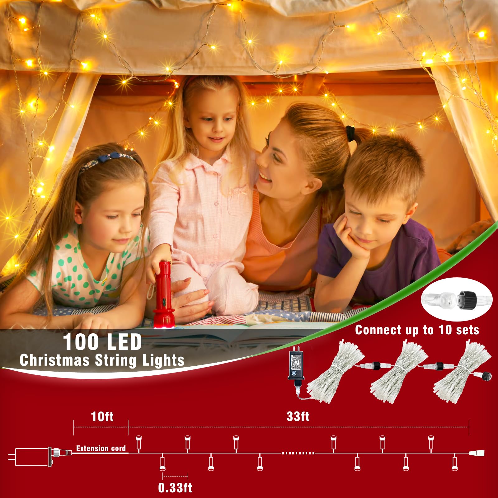 Vivideal 33Ft 100 Led Christmas Lights Outdoor Waterproof, Warm White Christmas String Lights Indoor Clear Wire 8 Modes, Plug In