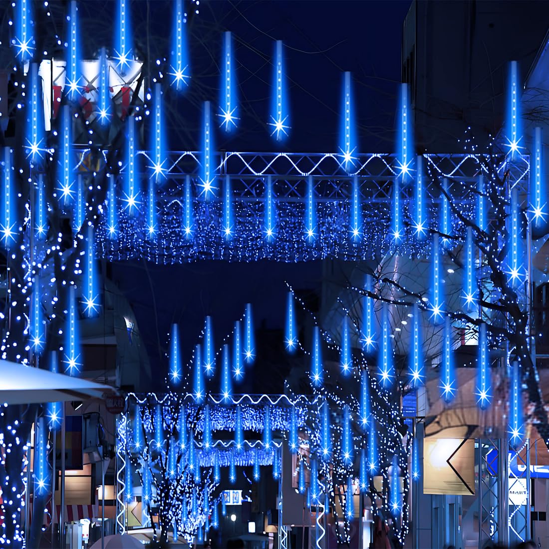 Adecorty Outdoor Christmas Meteor Shower Lights, 8 Tubes, 192 LED, Dripping Icicle String Lights, Blue, UL Certified, 26.9ft