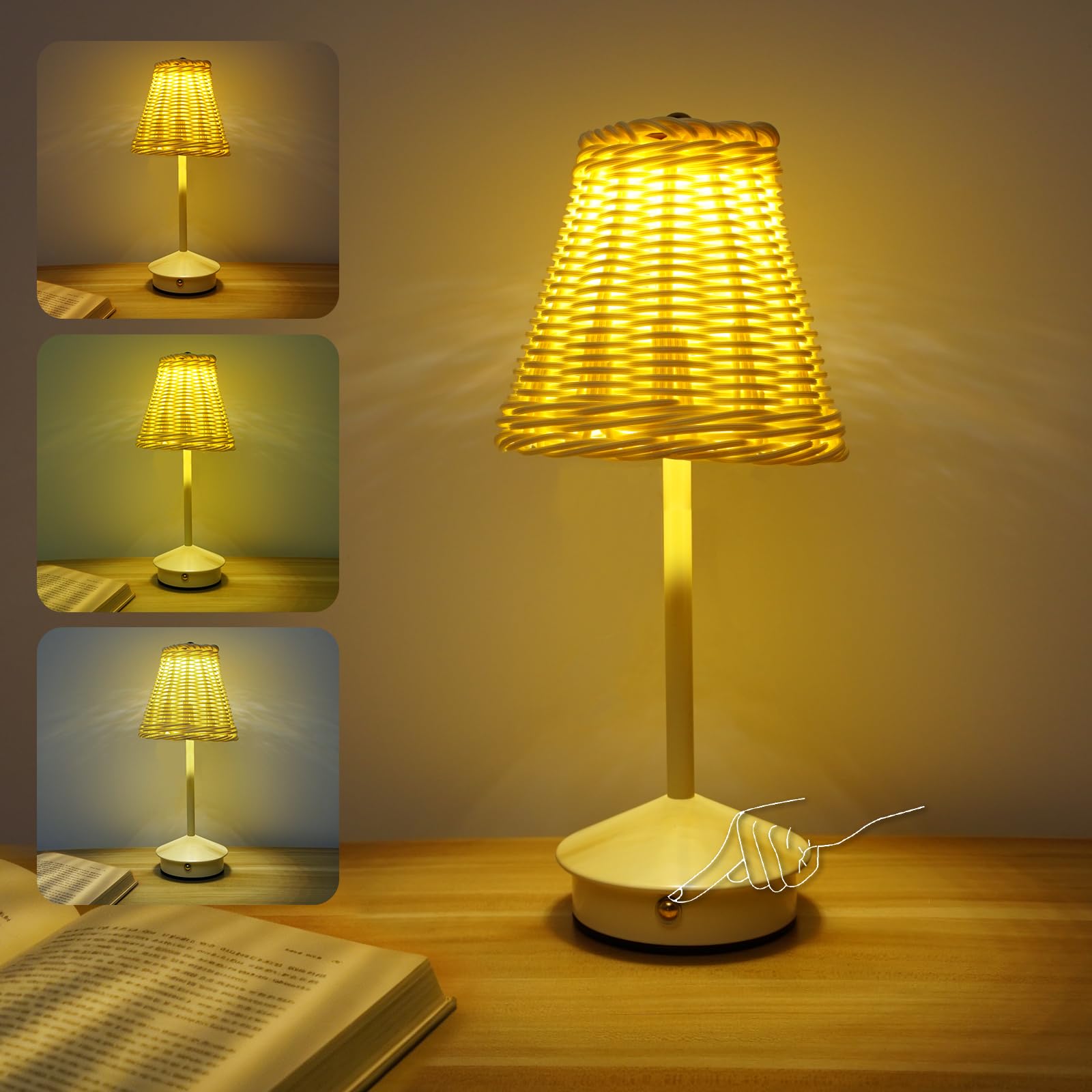 Boho Rattan Table Lamp  Cordless Wicker Woven Vintage Table Lamp - LED Rechargeable Touch Control 3 Color Dimmable Reading Bedside Lamp for Bedroom Living Room Office  Home Outdoor Decor (White-4)