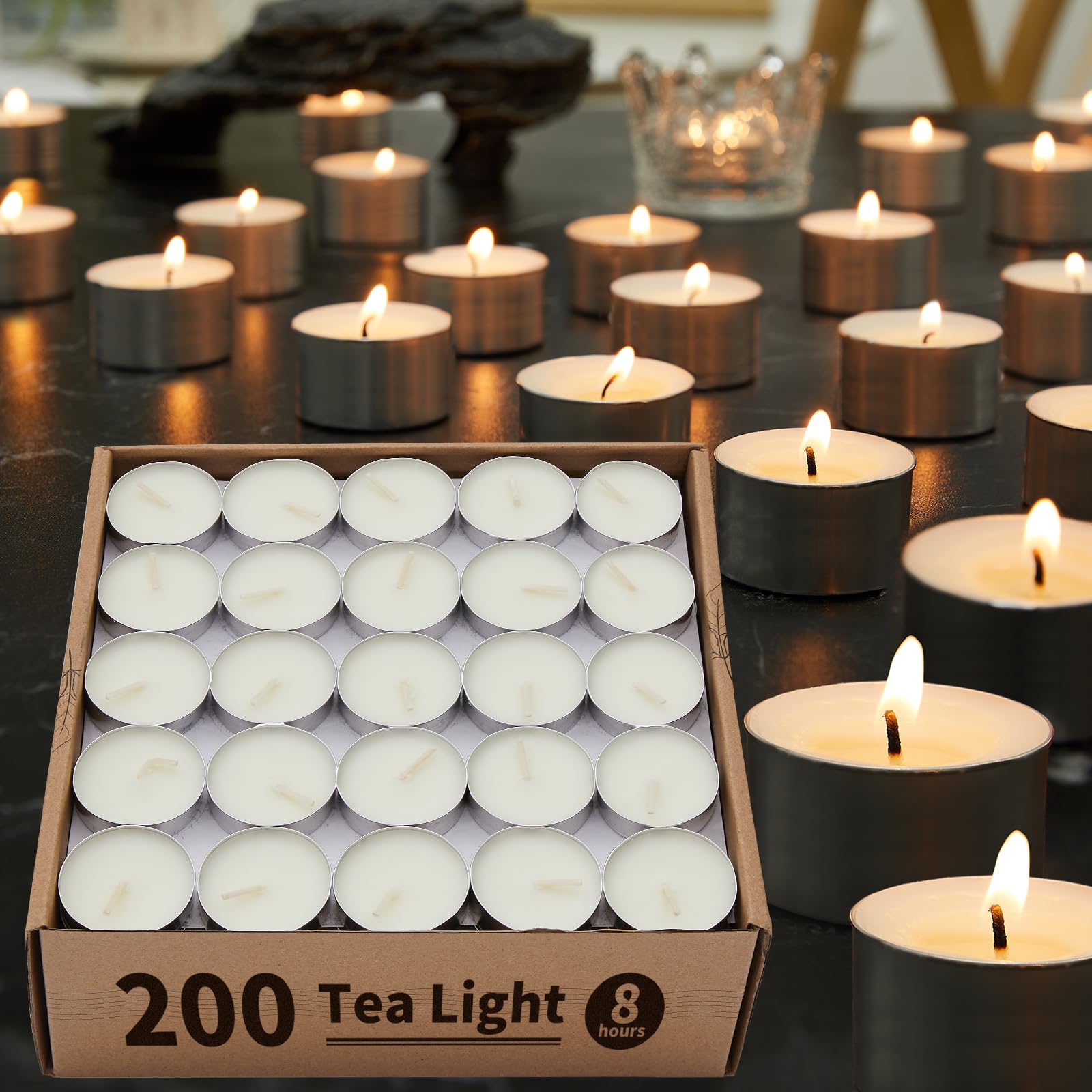 Ashlux Unscented Palm Tea Lights Candles 200 Pack Bulk, 8 To 9 Hours Long Burning White Tea Lights,Non-Paraffin, Smokeless, Mini Tealight Candles For Wedding, Table Centerpiece, Party, Power Outages