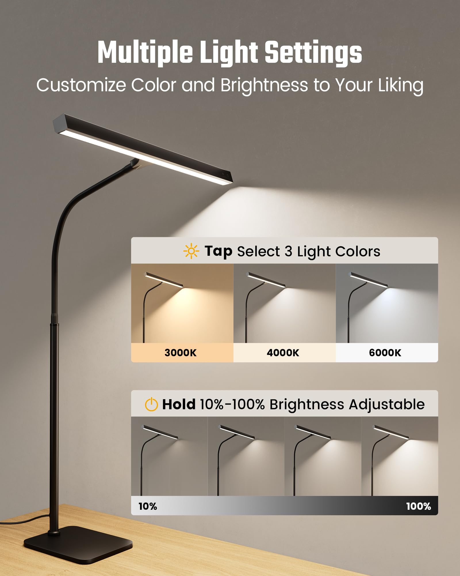 SUPERDANNY LED Desk Lamp - 12W Touch Control, 3 Colors, Eye-Caring, Gooseneck, Black, Stable Base, Model SDDL019010404B