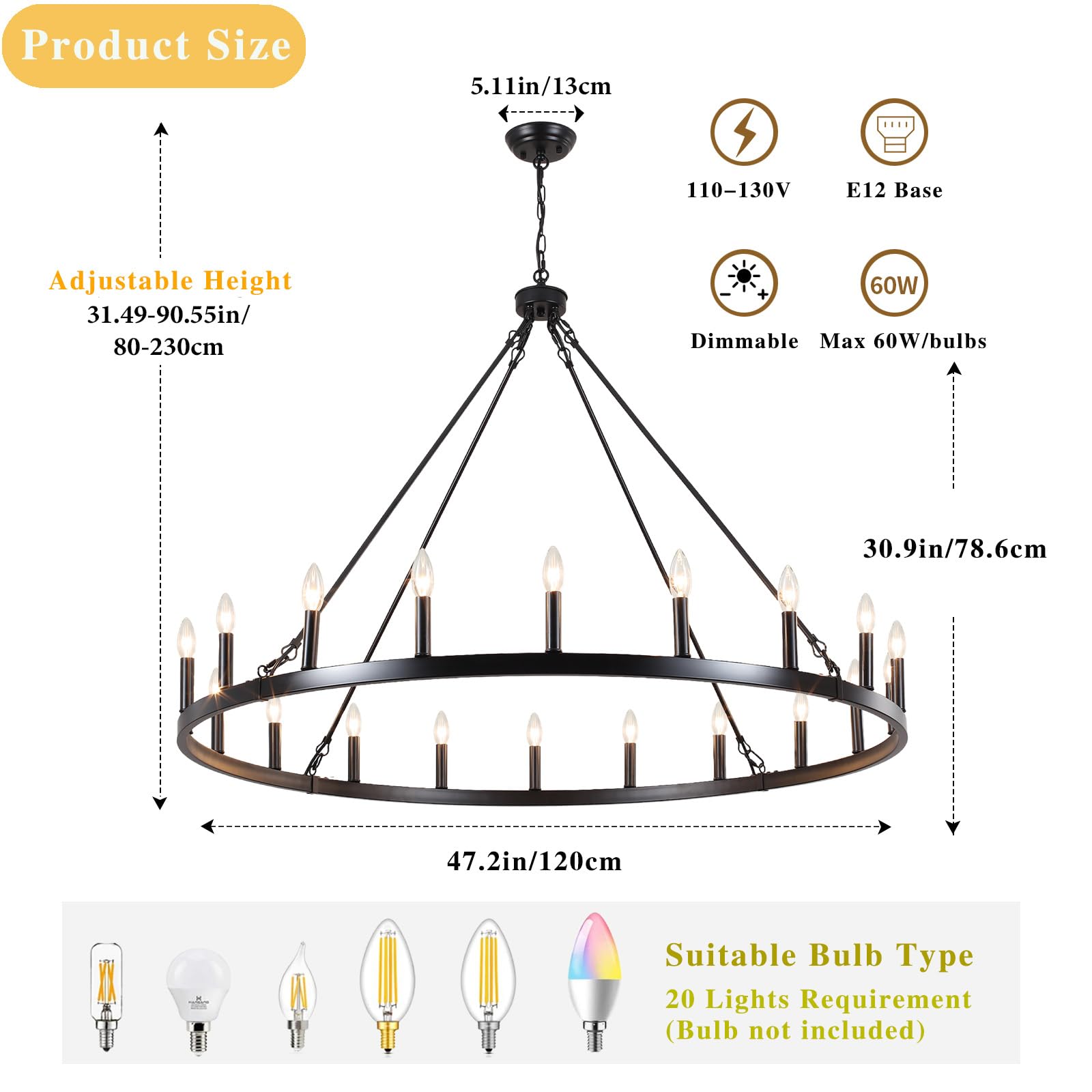 Sjccdsgs 47.2 Inches Black Wagon Wheel Chandelier- 20 Light Large Farmhouse Chandelier Industrial Rustic Dining Room Light Fixtu