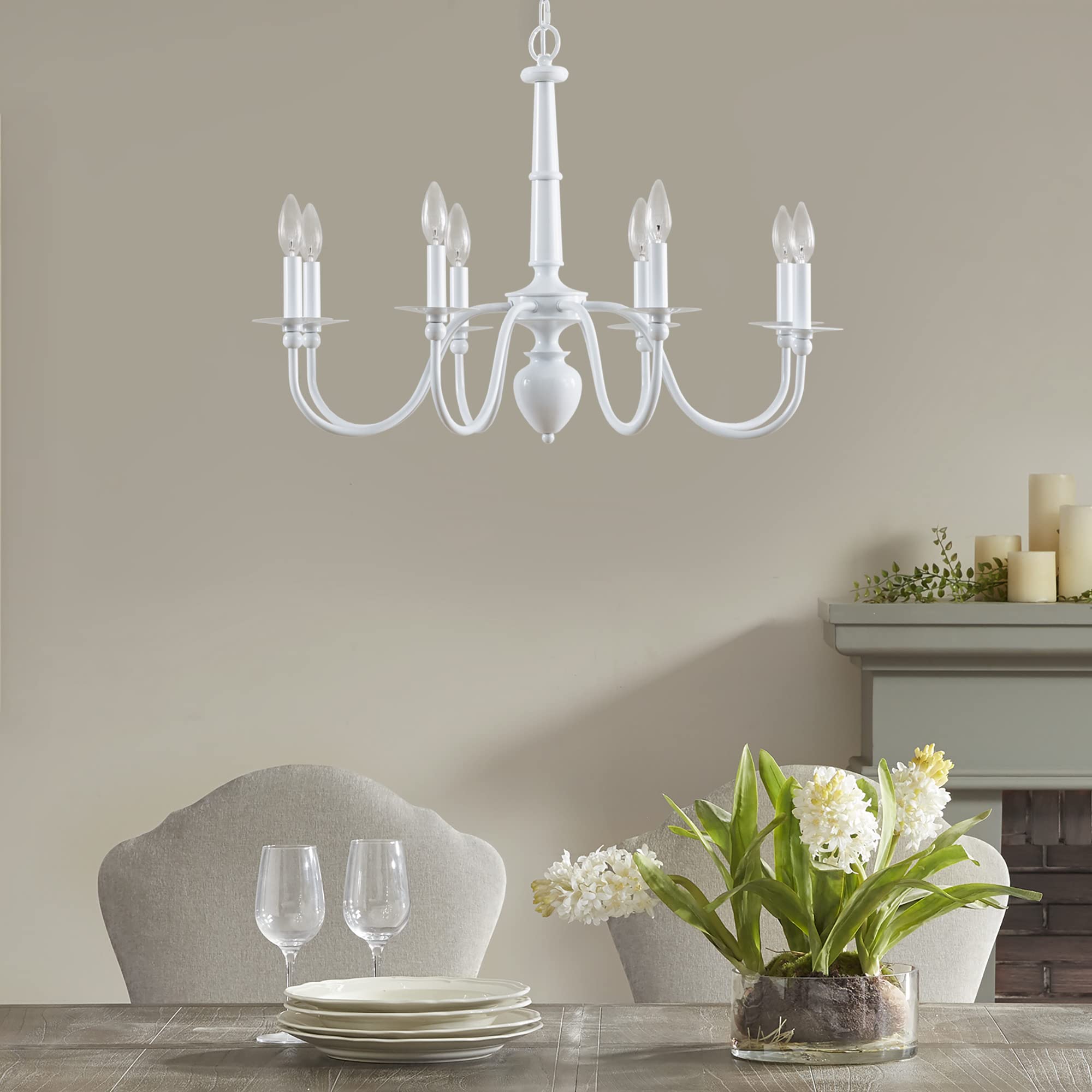 Martha Stewart Glossy White Farmhouse Chandelier, 8 Bulb Adjustable Ceiling Light Fixture
