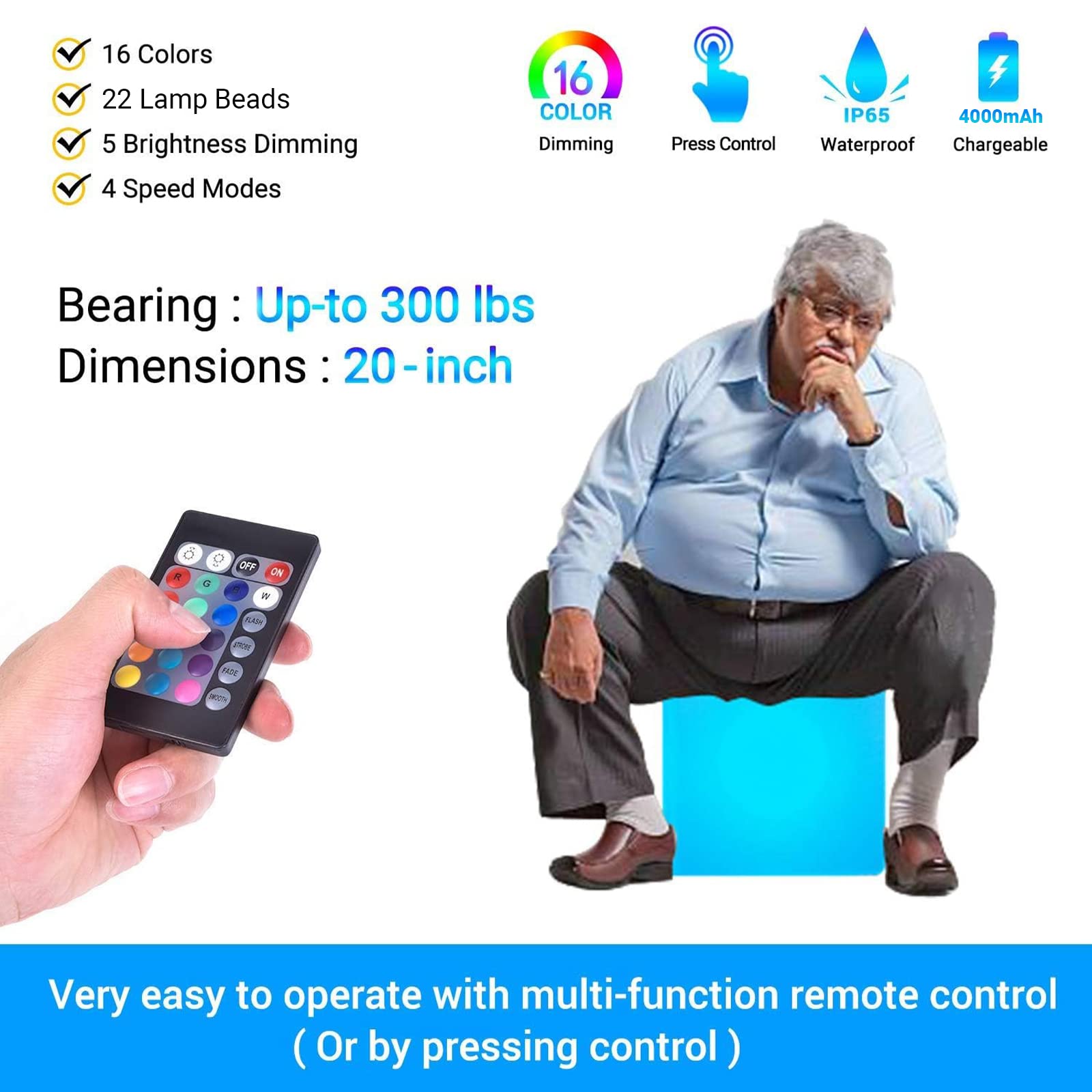 LOFTEK 20-inch RGB LED Cube Light - Rechargeable, IP65 Waterproof, Multicolor, Remote Control for Home, Outdoor, Pool, Party Decor