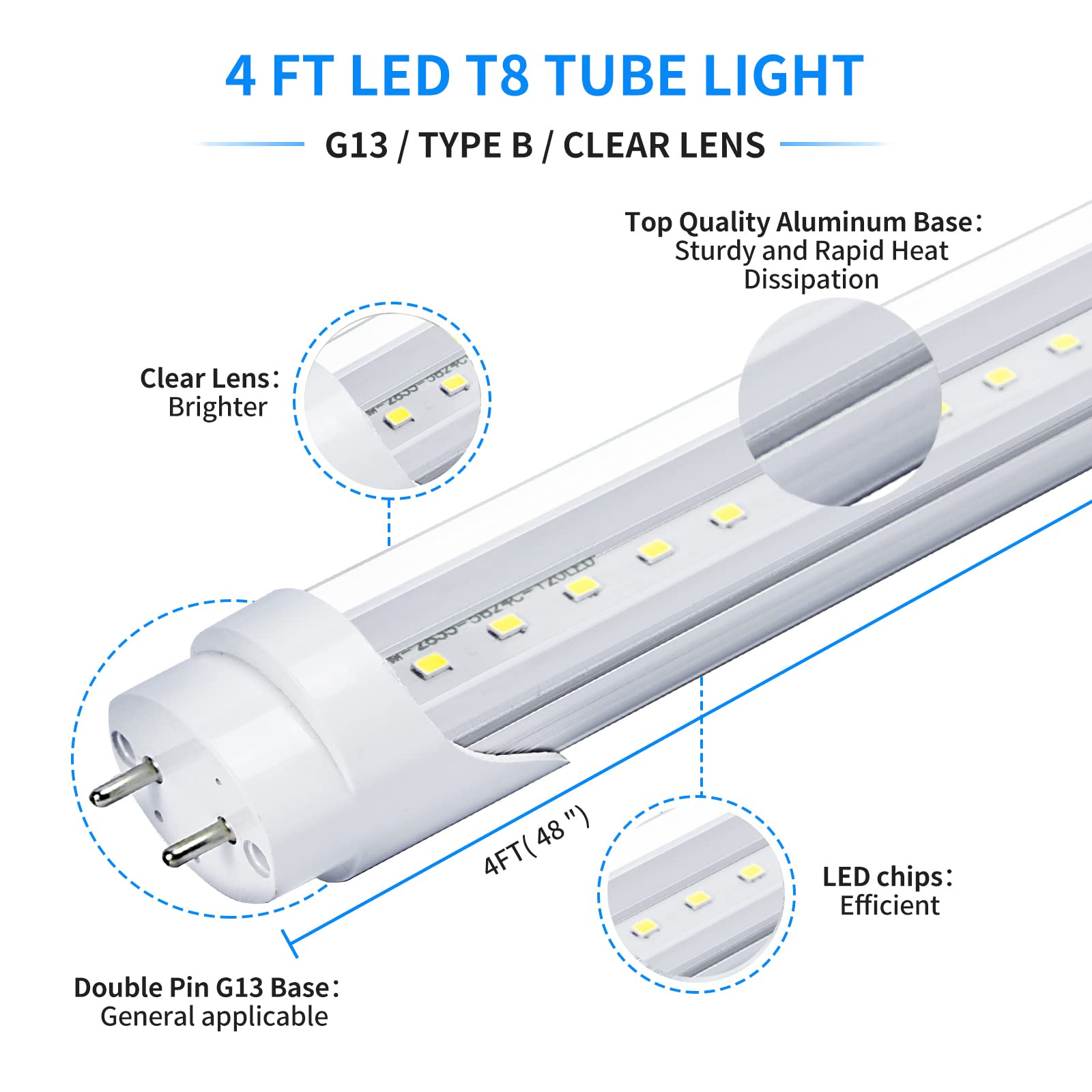 Ghiuop 25-Pack T8 LED Bulbs, 4ft Daylight White 5000K, 20W, Clear Cover, Ballast Bypass, Dual-end Powered, Aluminum