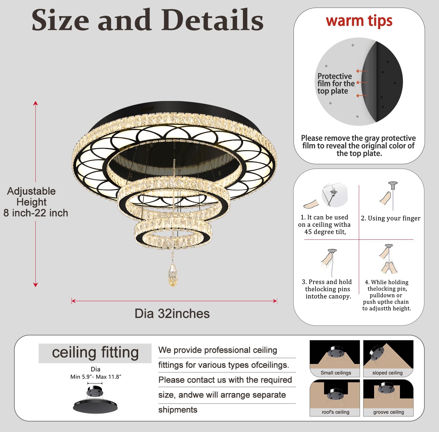 Flashing God 32" Modern Crystal Chandelier LED Flush Mount Ceiling Light - Black, Dimmable 2700K/4500K/6000K, Model MMQ0268-80