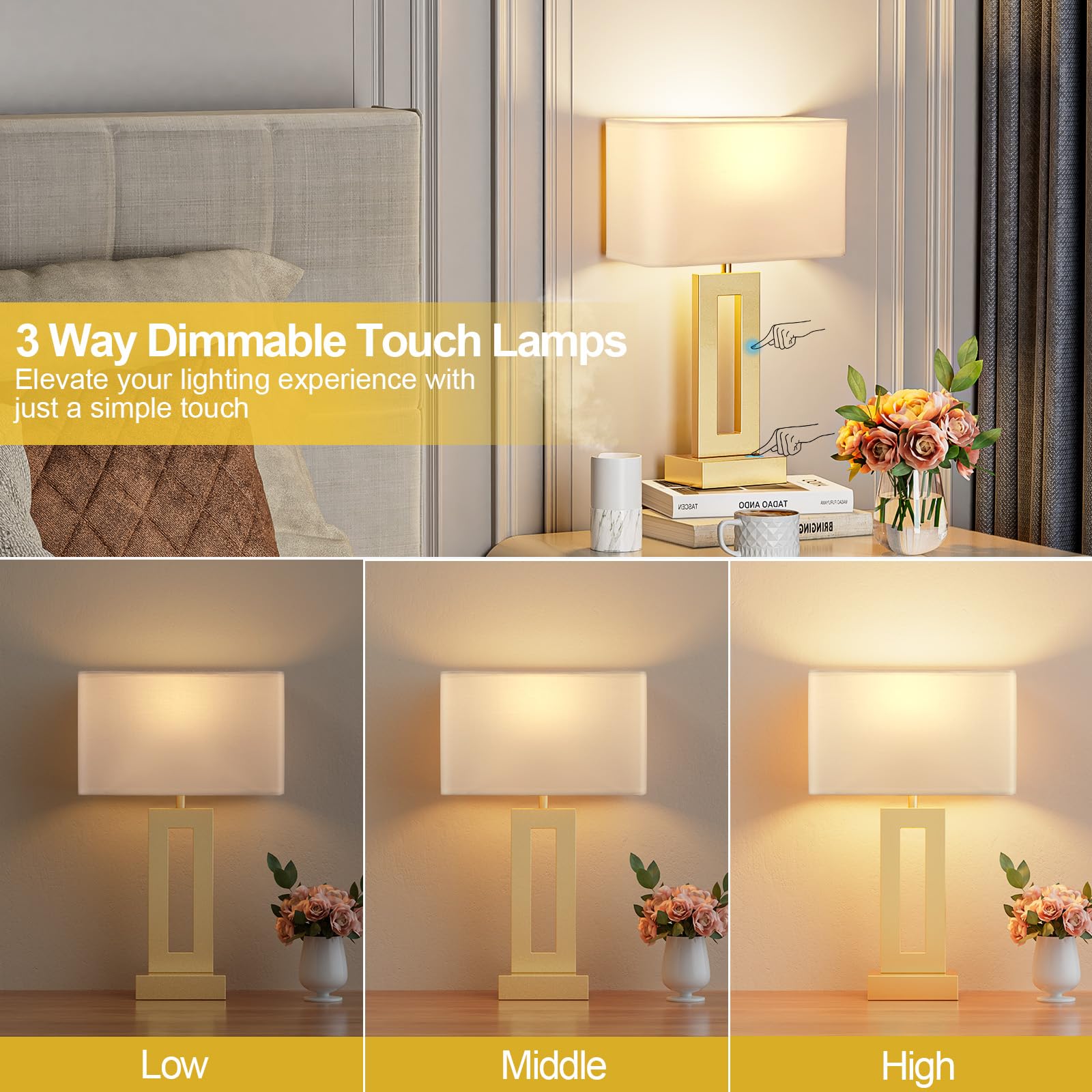 Bedroom Table Lamps Set Of 2 - Touch Bedside Lamps With Usb C+A, 3 Way Dimmable Gold Lamp For Nightstand, Modern Night Stands La